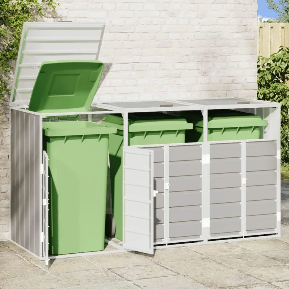 vidaXL Cobertizo de 3 contenedores Basura Acero Gris 216x81x115 cm, cobertizo para Cubos de Basura, cobertizo de Cubos para Exterior, caseta para Cubos de Basura