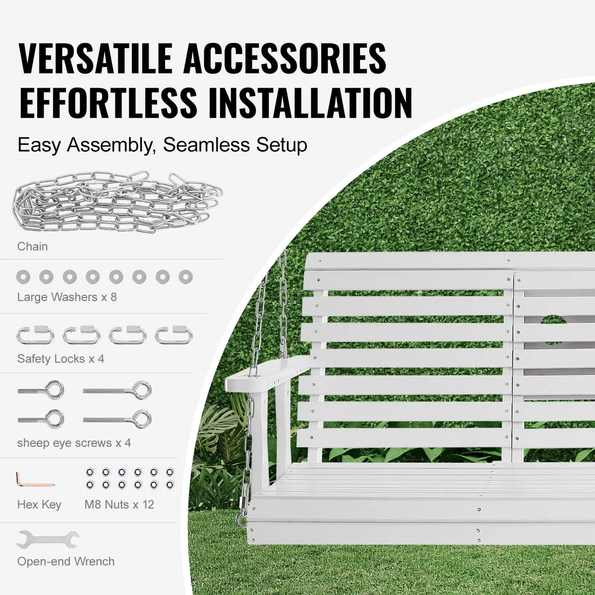 VEVOR Columpio de Madera para Porche 152x71x60cm, Columpio de Banco para Patio y Jardín, Capacidad de Carga Fuerte Mejorada de 880 Libras, Banco de Silla con Cadenas Colgantes para Exteriores, Blanco