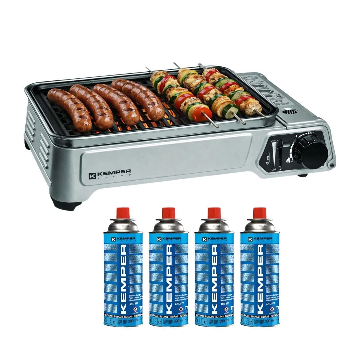Kemper barbacoa de Gas, portátil, 1,9 kW, rejilla antiAdherente + 4 cartuchos de gas para acampada