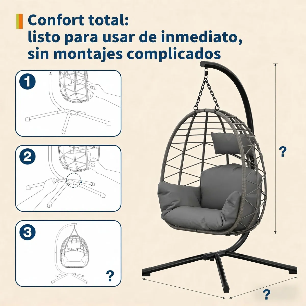 Litake Silla Colgante para Exterior y Jardín - Estructura Completamente Metálica - Silla Huevo con Soporte, Soporta hasta 150 kg - con Cojines Cómodos, Ideal para Jardín, Balcón y Patio, Gris