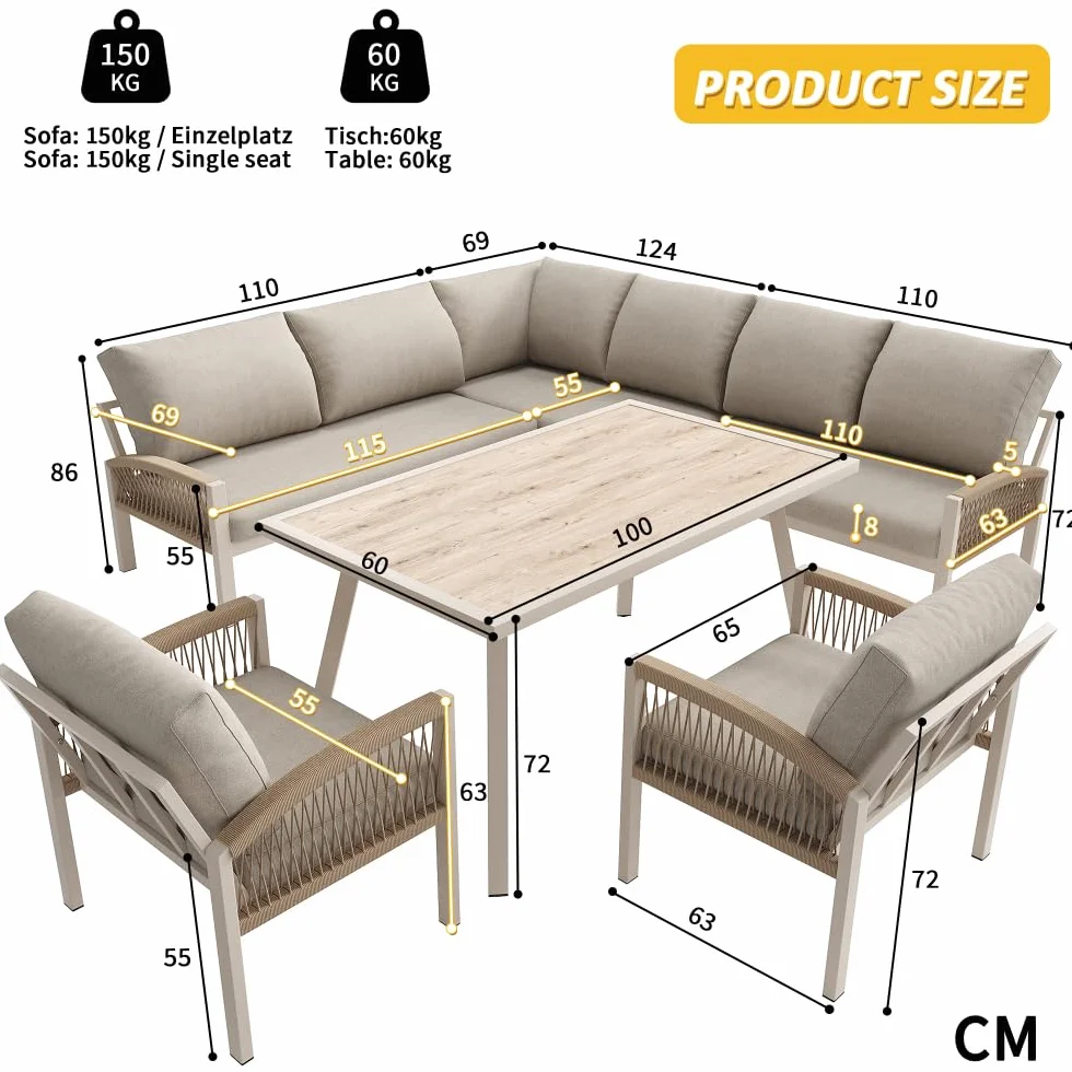 Sofá de jardín en forma de L para 8 personas/estructura de hierro con cojines beige/Incluye 1 mesa con tablero de cristal efecto madera y 2 sillones trenzados a mano/resistente a la intemperie