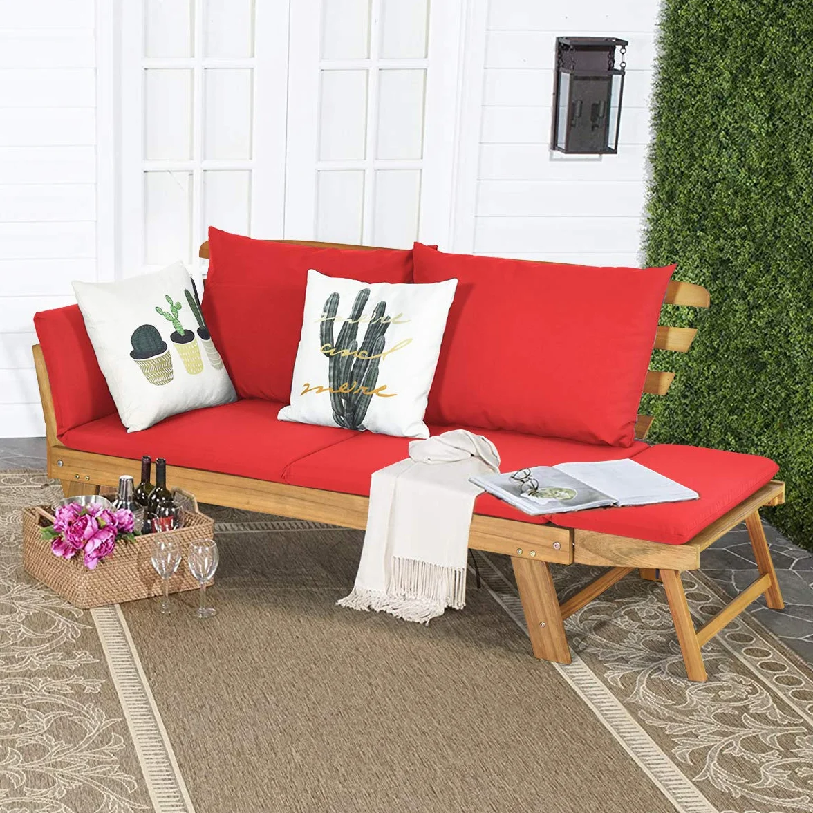GIANTEX Sofá Cama Plegable de 2 Plazas con Cojines, Sofá Doble Convertible en Cama, Marco de Madera de Acacia, Banco para 2 Personas, para Balcón, Patio, Jardín (Rojo)