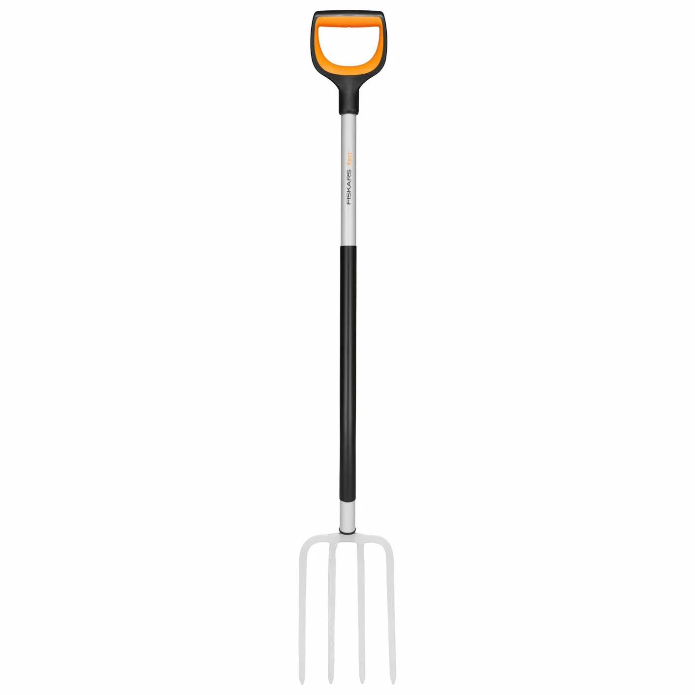 Fiskars Horca de jardín para suelos duros y pedregosos, Con 4 púas, Longitud: 120 cm, Púas de acero de calidad/Mango de plástico reforzado con fibra de vidrio, Negro/Naranja, Xact, 1070716