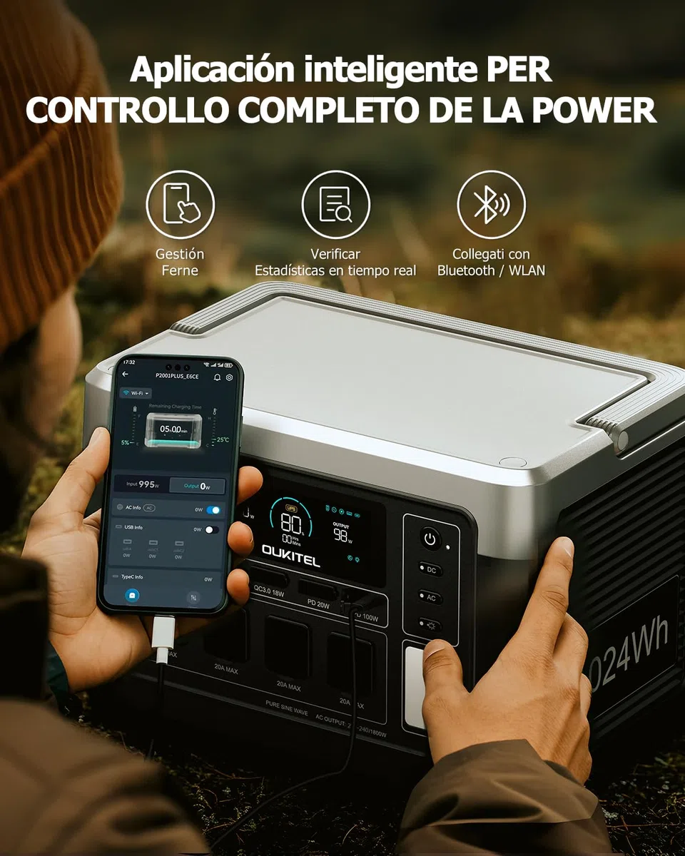 OUKITEL P1000 Plus Generador Solar, 1024Wh LFP Batería Respaldo, 4 Tomas CA 1800W (3600W Pico), 25% Más Pequeño, Energía para Acampar, Cortes, UPS Backup