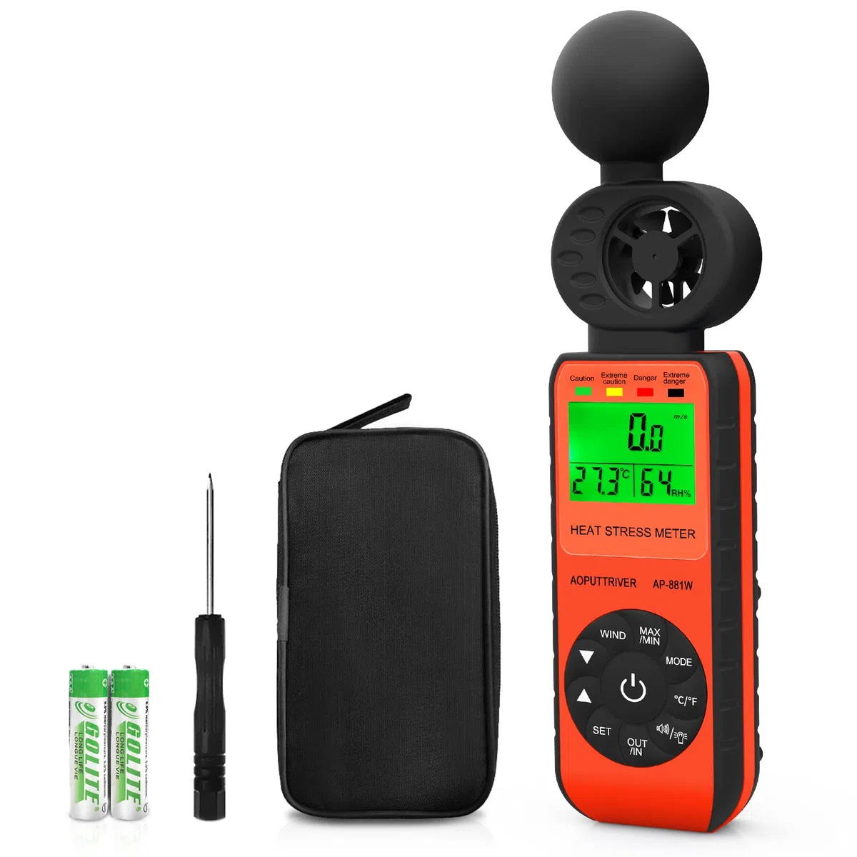 Medidor de velocidad de viento AP-881W, anemómetro de mano con velocidad de viento/temperatura/humedad/WBGT alarma para aviones no tripulados, caza, vela