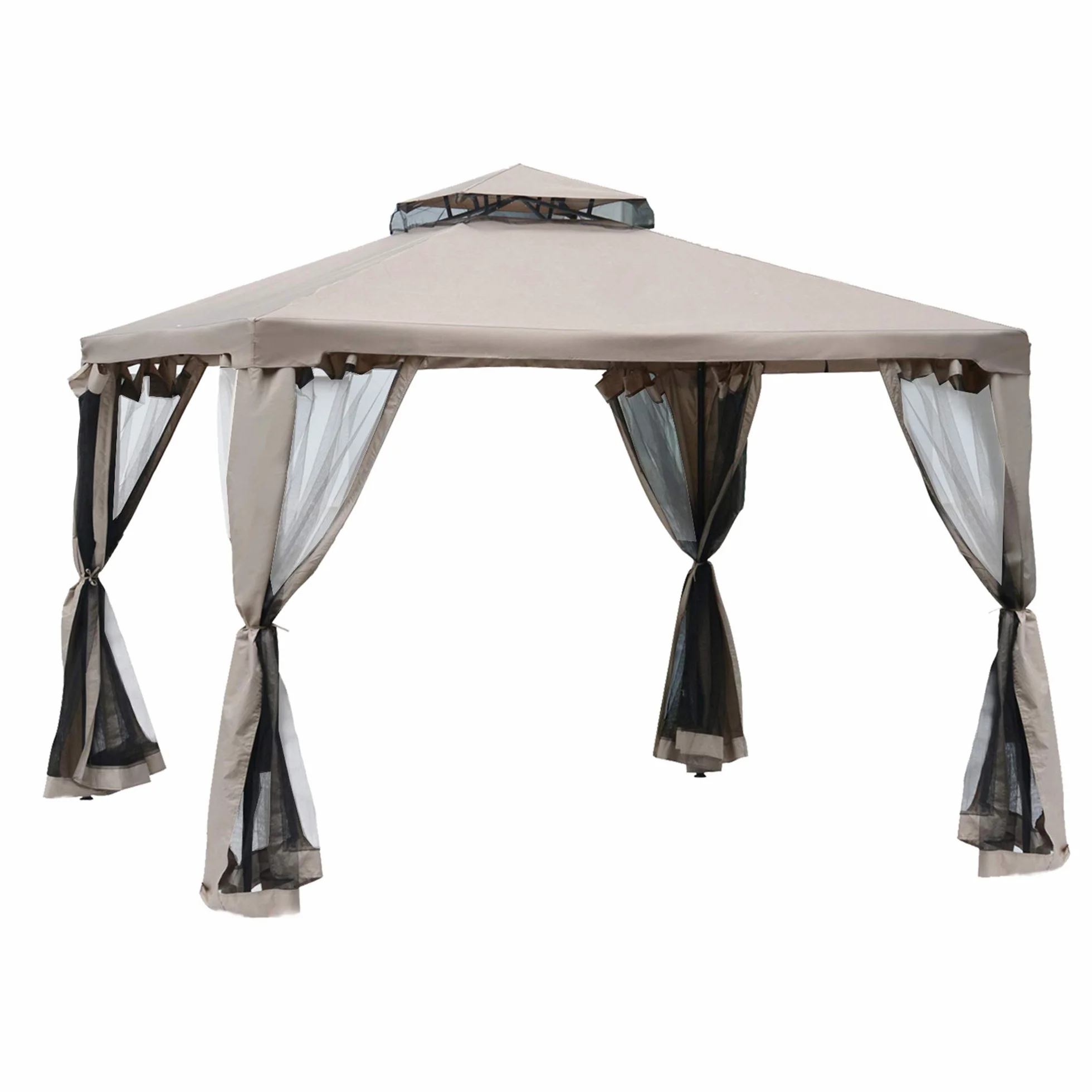 Outsunny Cenador de Jardín 3x3 m Pabellón de Exterior con Doble Techo de Ventilación 4 Cortinas Mosquiteras Laterales con Cremallera 8 Orificios de Drenaje Gazebo para Fiestas Patio Marrón Pardo