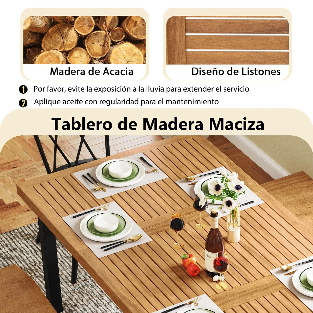 COSTWAY Mesa Jardin Exterior de Madera Acacia, 200 x 100 cm, Mesa Comedor Exterior para 8 Personas, Orificio para Sombrilla, Mesa Rectangular Terraza Balcon Jardin, Natural y Negro
