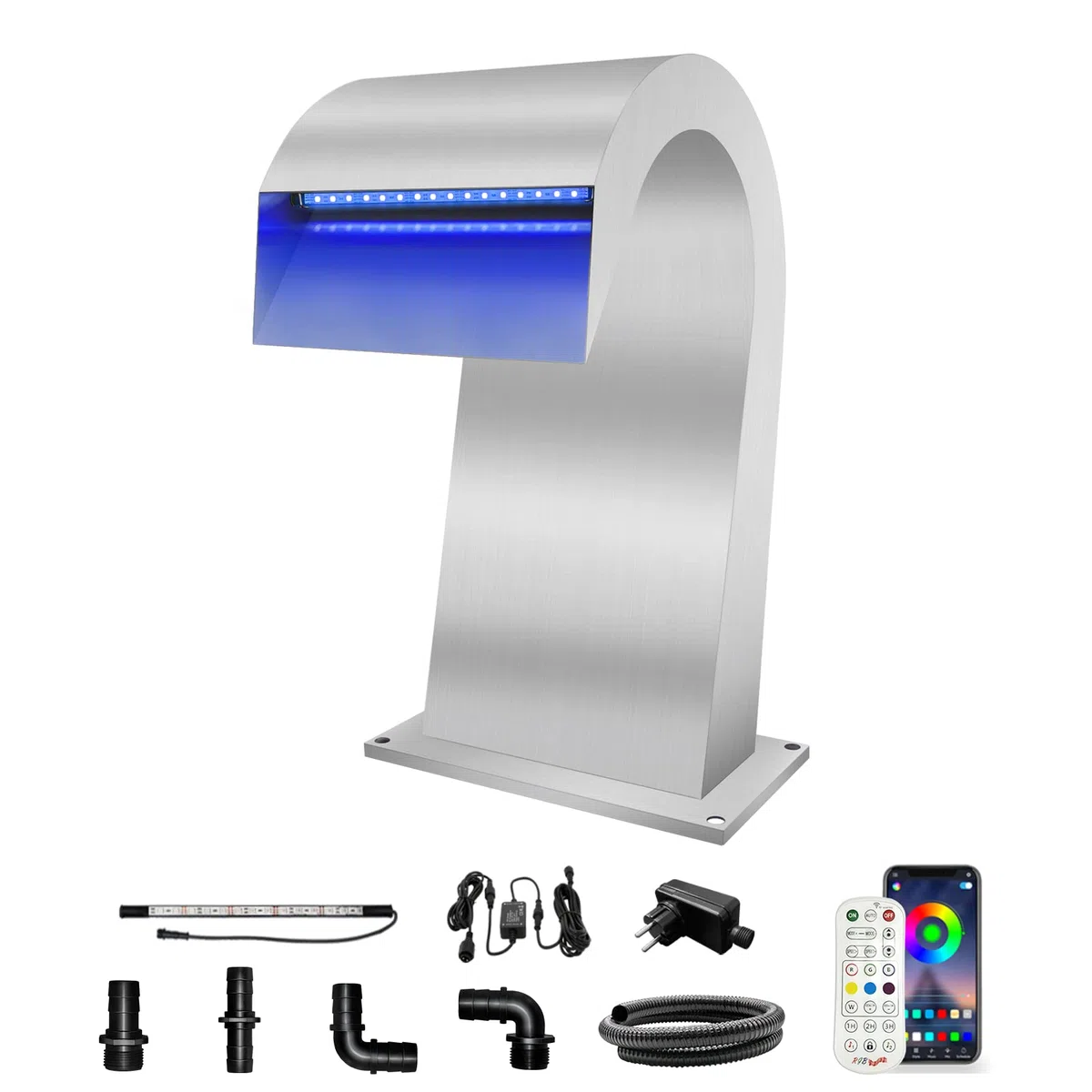 LONGRUN Aliviadero de la Cascada Acero Inoxidable Fuente de Piscina en Forma de S, Luz LED Colorida controlada por RF y App Cascadas de estanques para jardín al Aire Libre Koi Pond-15x32x20cm