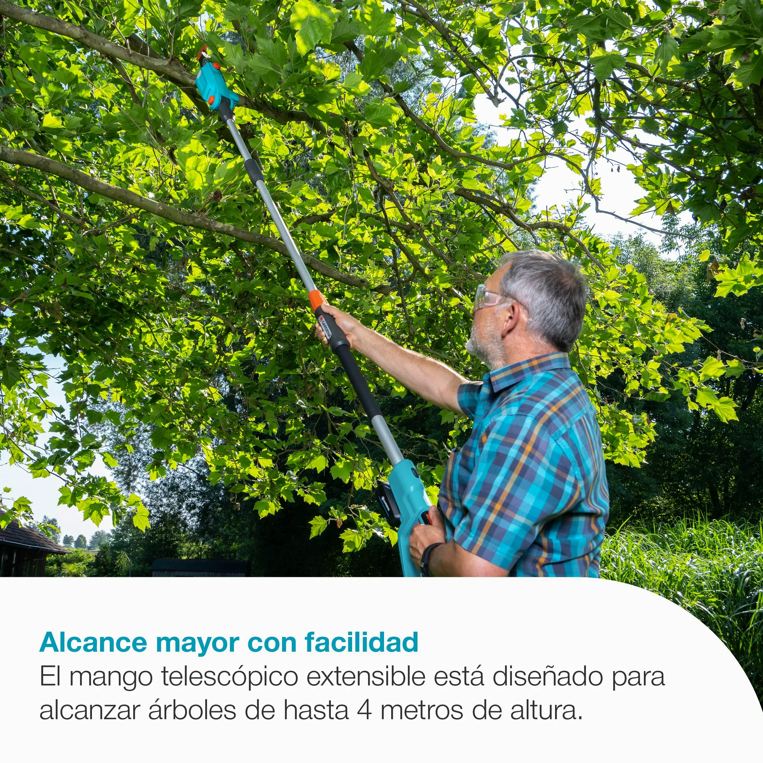 Gardena Sierra telescópica a batería TCS 20/18V P4A Set listo para usar: Telescópico, Hasta 4 m de alcance, Soporte de corte, Cabeza basculante, Sin cable (14770-20)