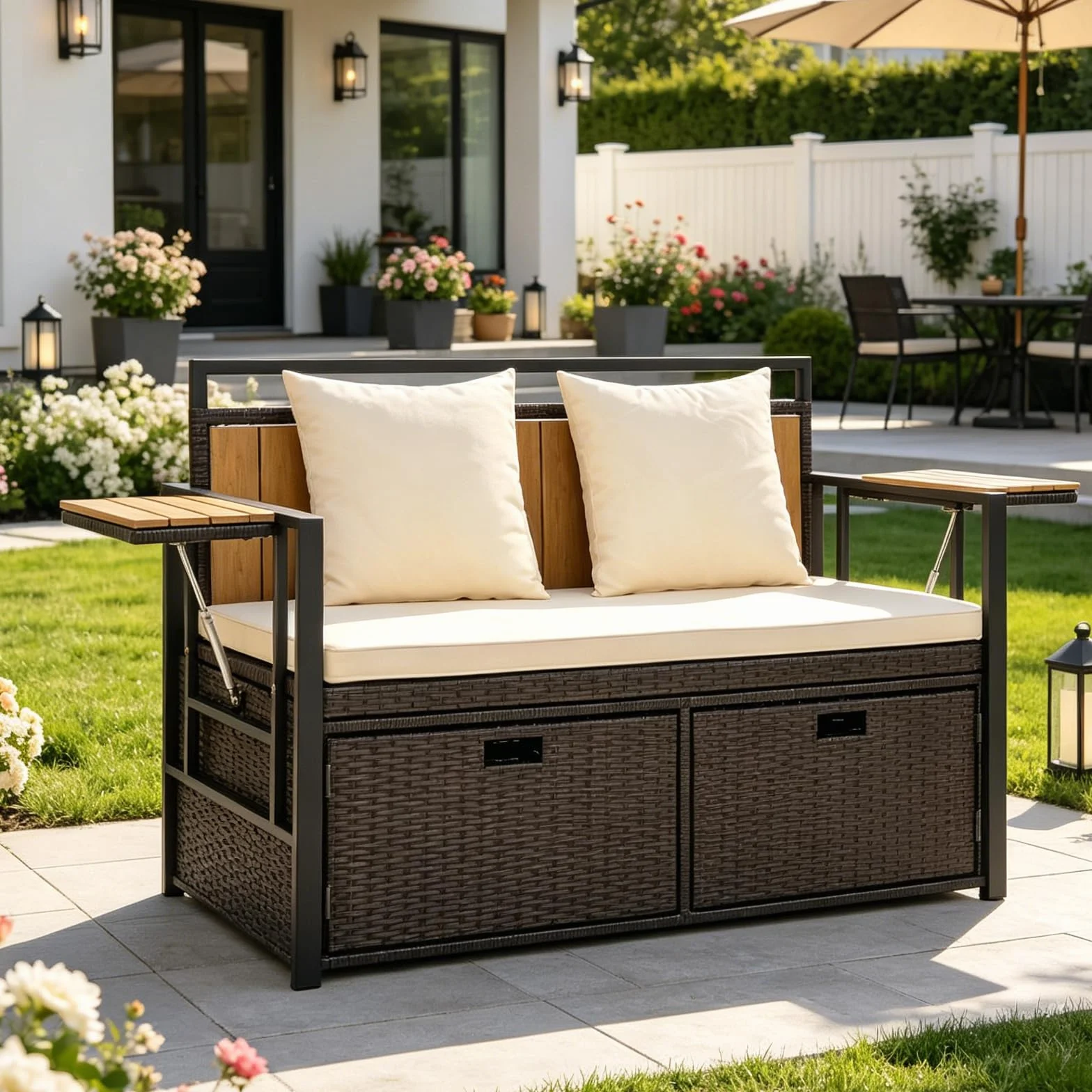SOARS Banco Arcón Exterior para 2 Personas, Banco Jardín de Ratán con Compartimento de 142,5L, 2 Mesitas Plegables, Cojín y 2 Almohadas, Cofre de Almacenamiento para Patio, Terraza (Blanco)