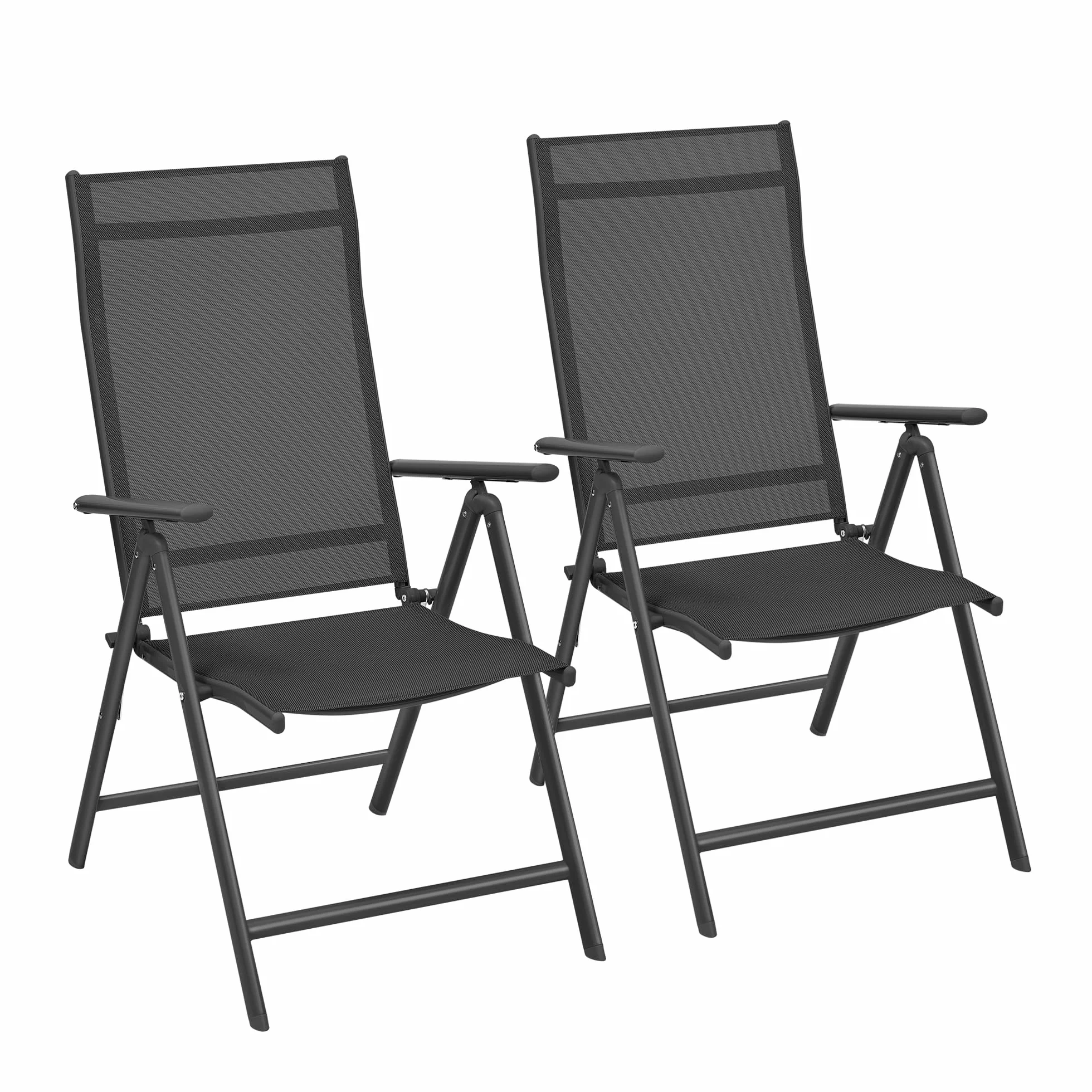 SONGMICS - Silla de jardín Plegable, Juego de 2, Asiento al Aire Libre, Marco de Metal, Respaldo Ajustable en 8 Posiciones, Capacidad de Carga 150 kg, Negro GCB29BK