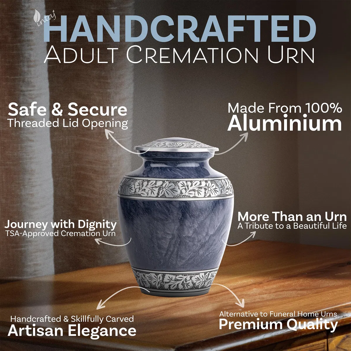 Urna de cremación para cenizas humanas para adultos, machos o mujeres, urna conmemorativa grande de aluminio hecha a mano, elegante urna conmemorativa para exhibición en el hogar, urna funeraria