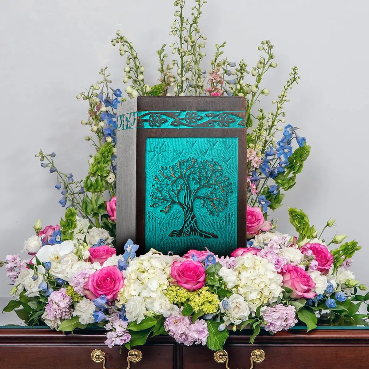 Urna de cremación para cenizas humanas, caja de madera para cenizas hecha a mano, urna conmemorativa del árbol de la vida, urnas de cremación funeraria (verde azulado, XL (250 libras o 115 kg))
