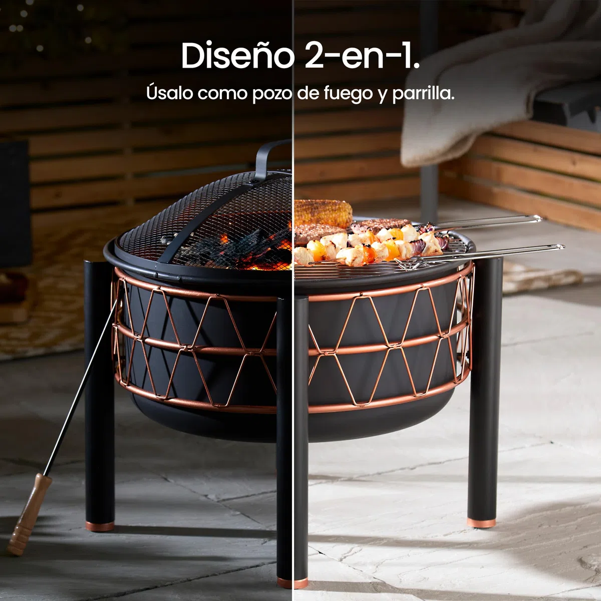 VonHaus Brasero – 2-en-1 con Parrilla BBQ para Exterior, jardín y Patio, en Acero Negro con Detalle Cobre, Incluye atizador y Tapa de Malla, Compatible con leña o carbón