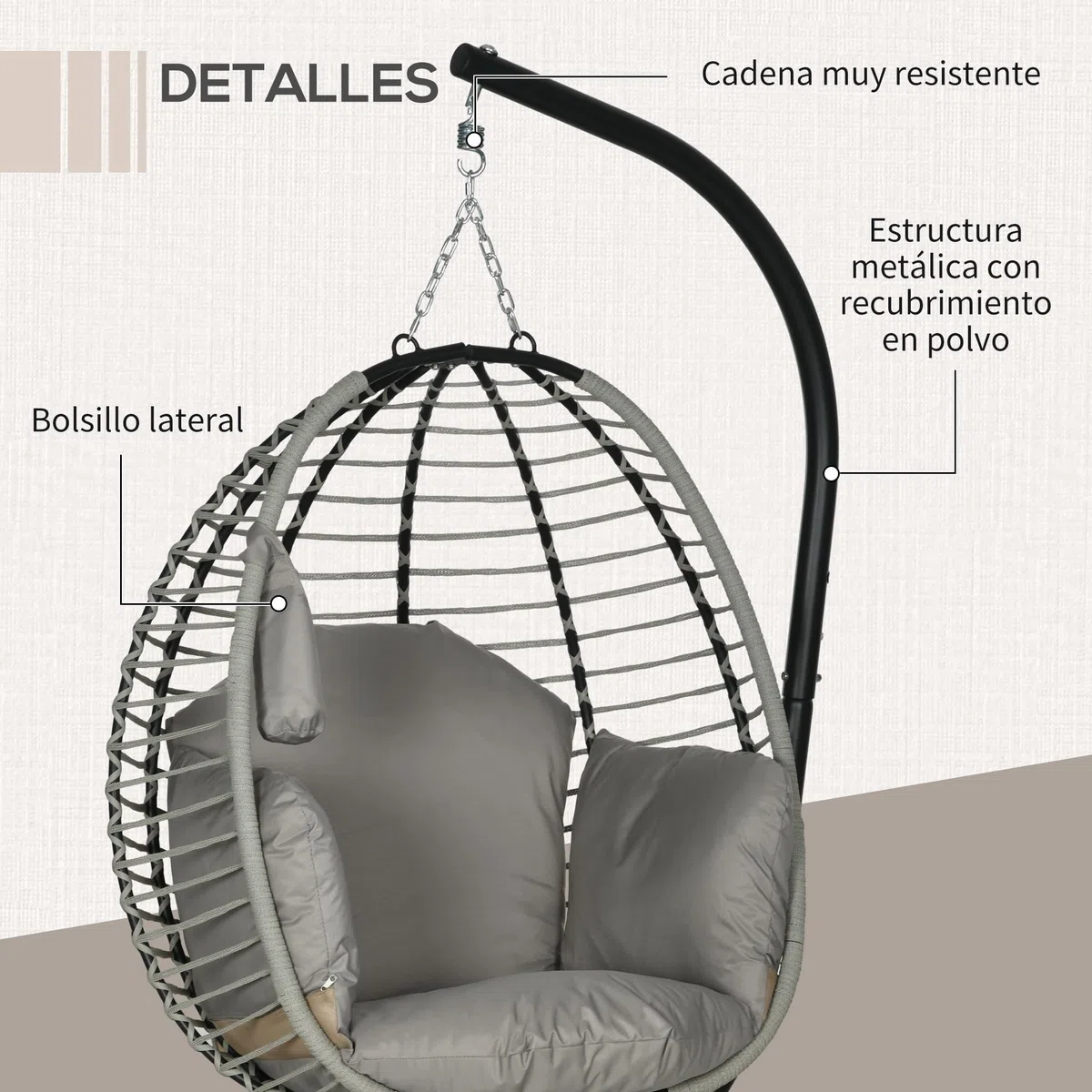 Outsunny Silla Colgante Huevo con Soporte Columpio de Jardín Exterior con Cesta Plegable Reposacabezas Cojín Bolsillo Lateral Columpio Colgante para Interior y Exterior Carga 120 kg Gris
