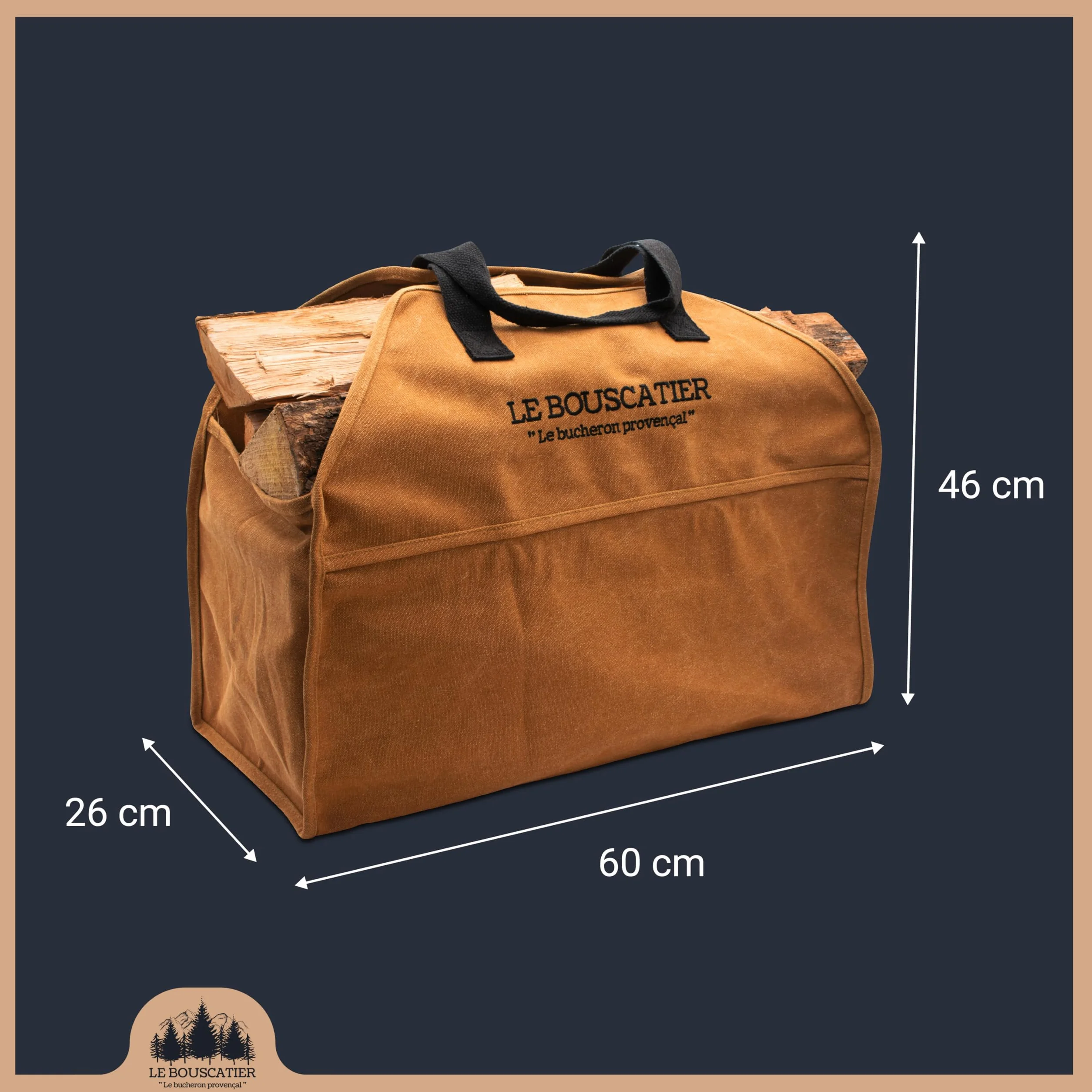 Bolsa de transporte de leña, resistente y resistente para troncos, 60 x 46 x 26 cm de 50 L. Cesta multiuso extragrande, accesorio para estufa, chimenea inserto o brasero barbacoa (Camel)