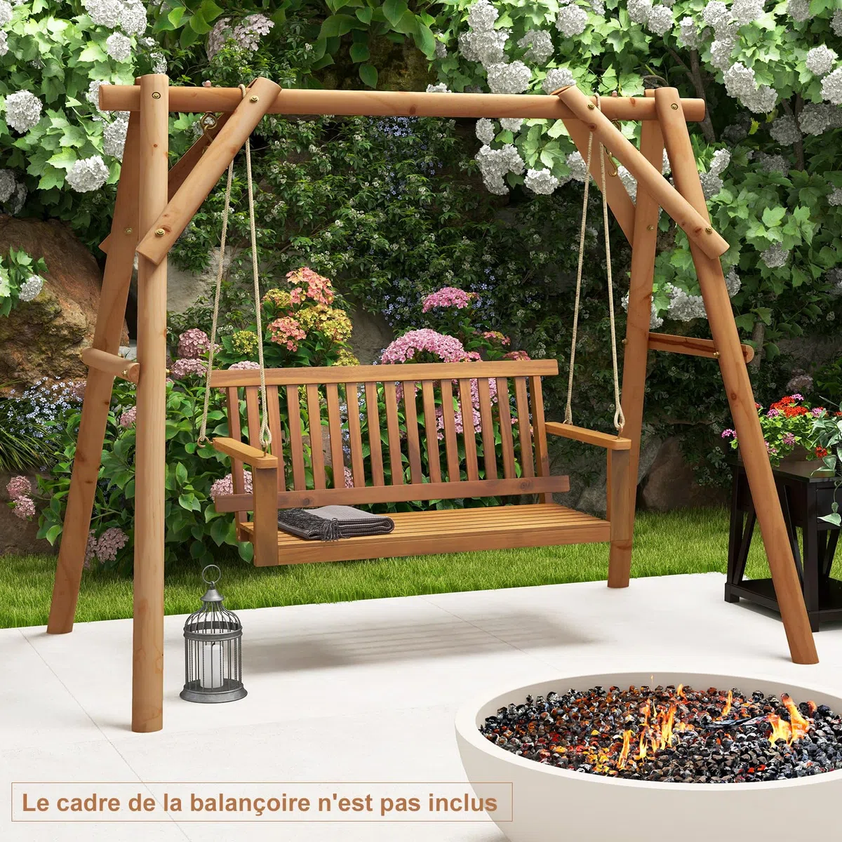 GOPLUS - Columpio de porche de 2 plazas de madera de acacia, silla colgante para 2 personas, asiento y respaldo con lamas, capacidad 360 kg, columpio para jardín, patio, 130 x 63 x 57 cm natural