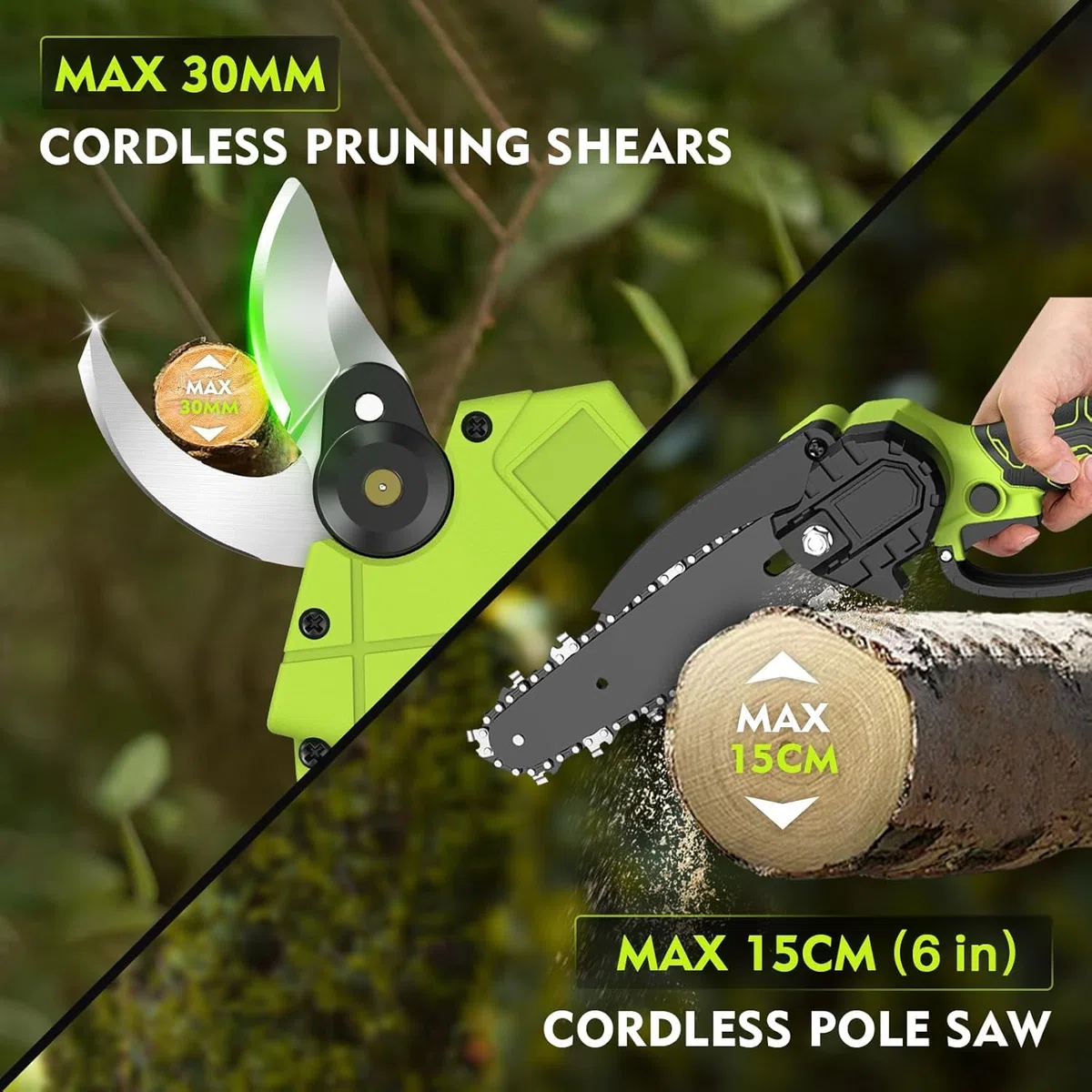 Kit de Tijeras de Podar Telescópicas y Motosierra Telescópica a Batería, 4 en 1 Podadora Electrica Herramientas de Jardín con Motorm 550 W, 2*4000 mAh Baterías, 4 Cadenas para Jardines Arbusto y Ramas