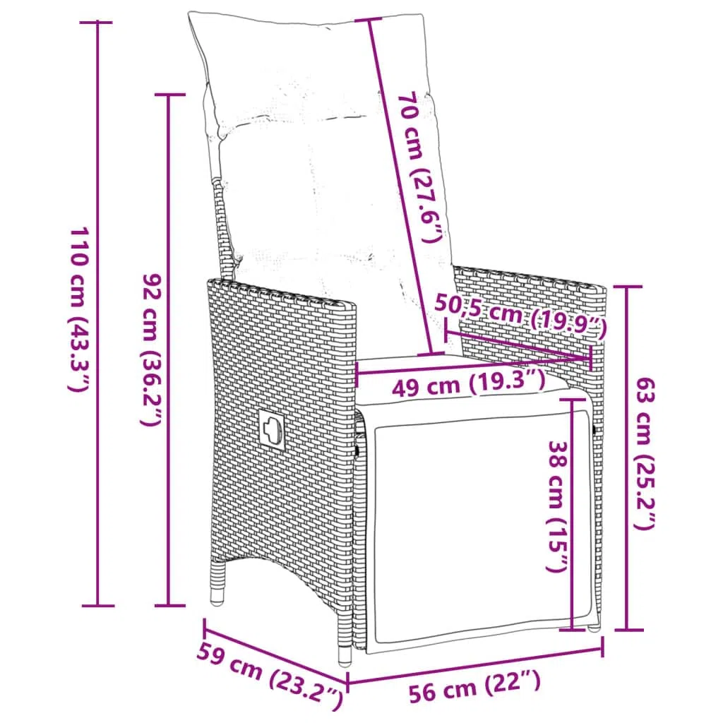 vidaXL Sillón reclinable de jardín con Cojines ratán sintético Gris, Silla de Patio reclinable, Asiento de jardín reclinable, Tumbona