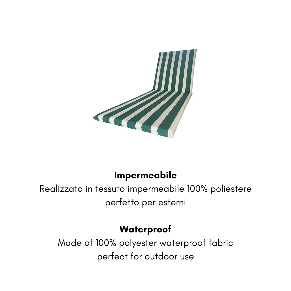 Cojín impermeable para tumbona, 190 x 60 cm, poliéster impermeable – Cojín desenfundable, fabricado en Italia (blanco y verde)