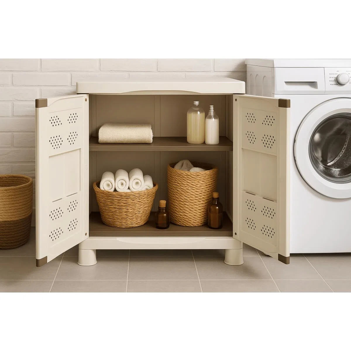 Intec – Armario bajo exterior interior beige 2 puertas 2 estantes 70 x 47 x 97 cm – pequeño mueble de almacenamiento carga 50 kg Max Garage Lavandería Terraza jardín