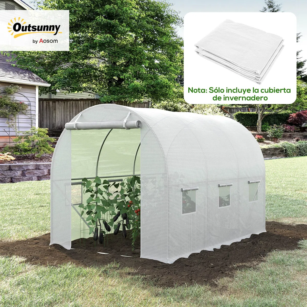 Outsunny Plásticos para Invernaderos 3x2x2 m Cubierta de Repuesto para Invernadero de Polietileno con 6 Ventanas y Puerta Enrollable Protección de Plantas para Jardín Blanco