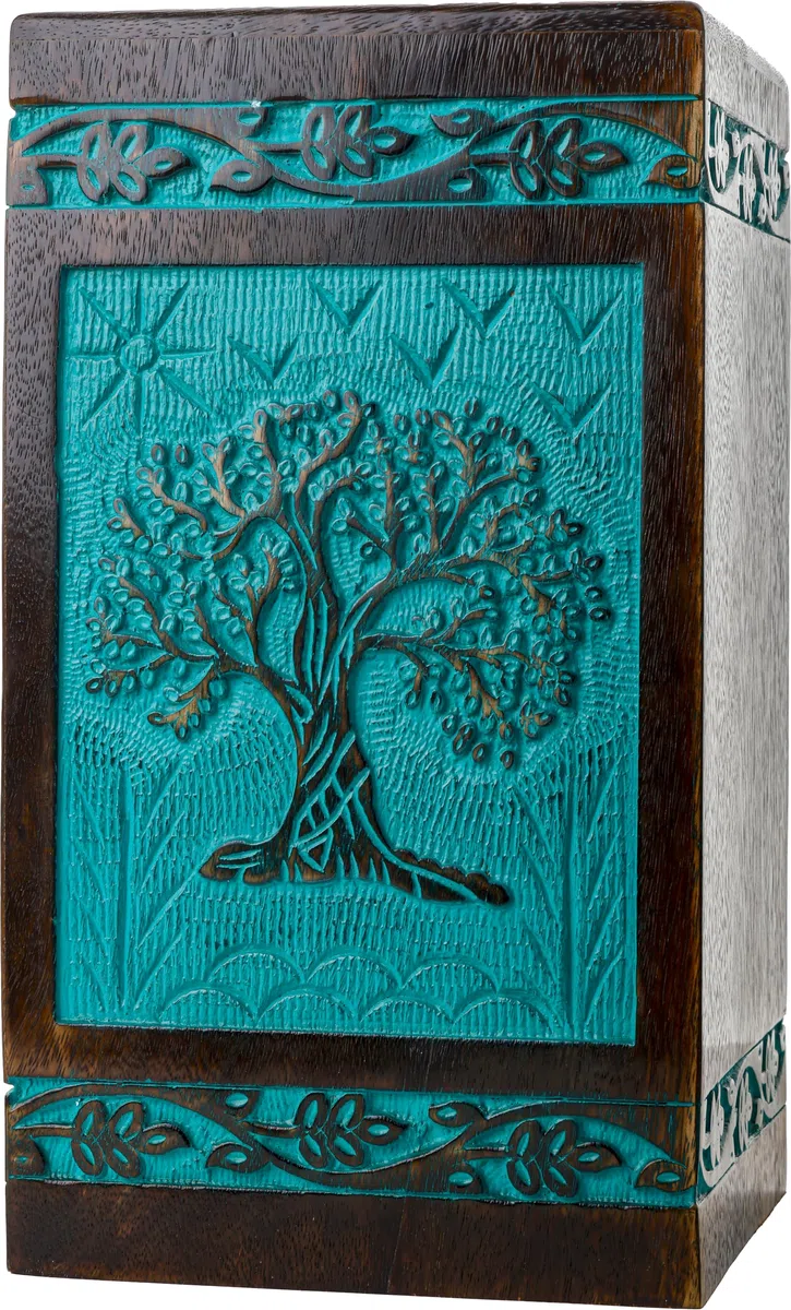 Urna de cremación para cenizas humanas, caja de madera para cenizas hecha a mano, urna conmemorativa del árbol de la vida, urnas de cremación funeraria (verde azulado, XL (250 libras o 115 kg))