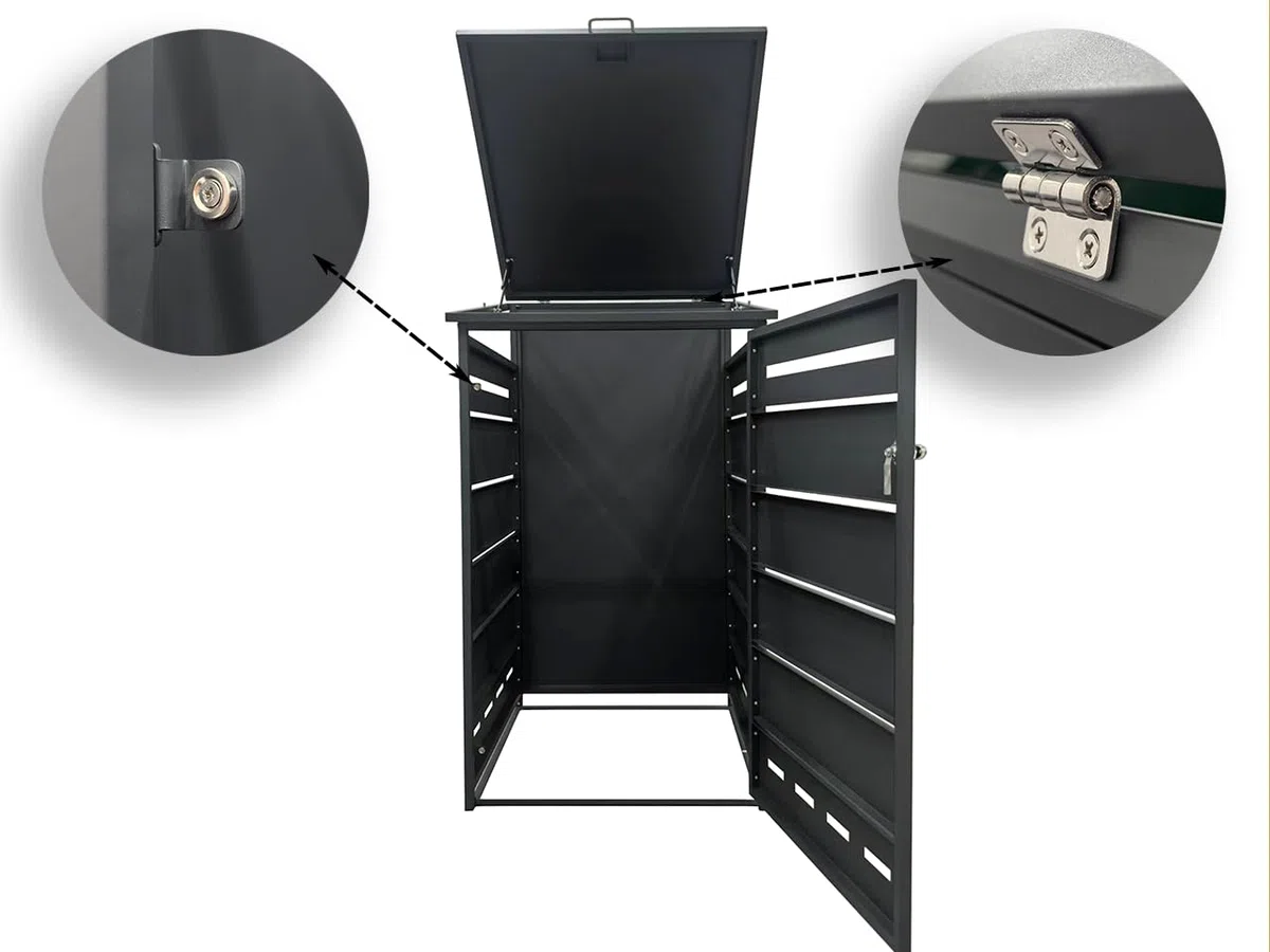 Cobertizo para Cubo de Basura D04GW1, Armario Metálico Exterior para Contenedores de 60L 120L y 240L, Cubierta Moderna con Ventilación y Apertura Superior, Antracita/Marrón, 130,5 x 77,5 x 73 cm