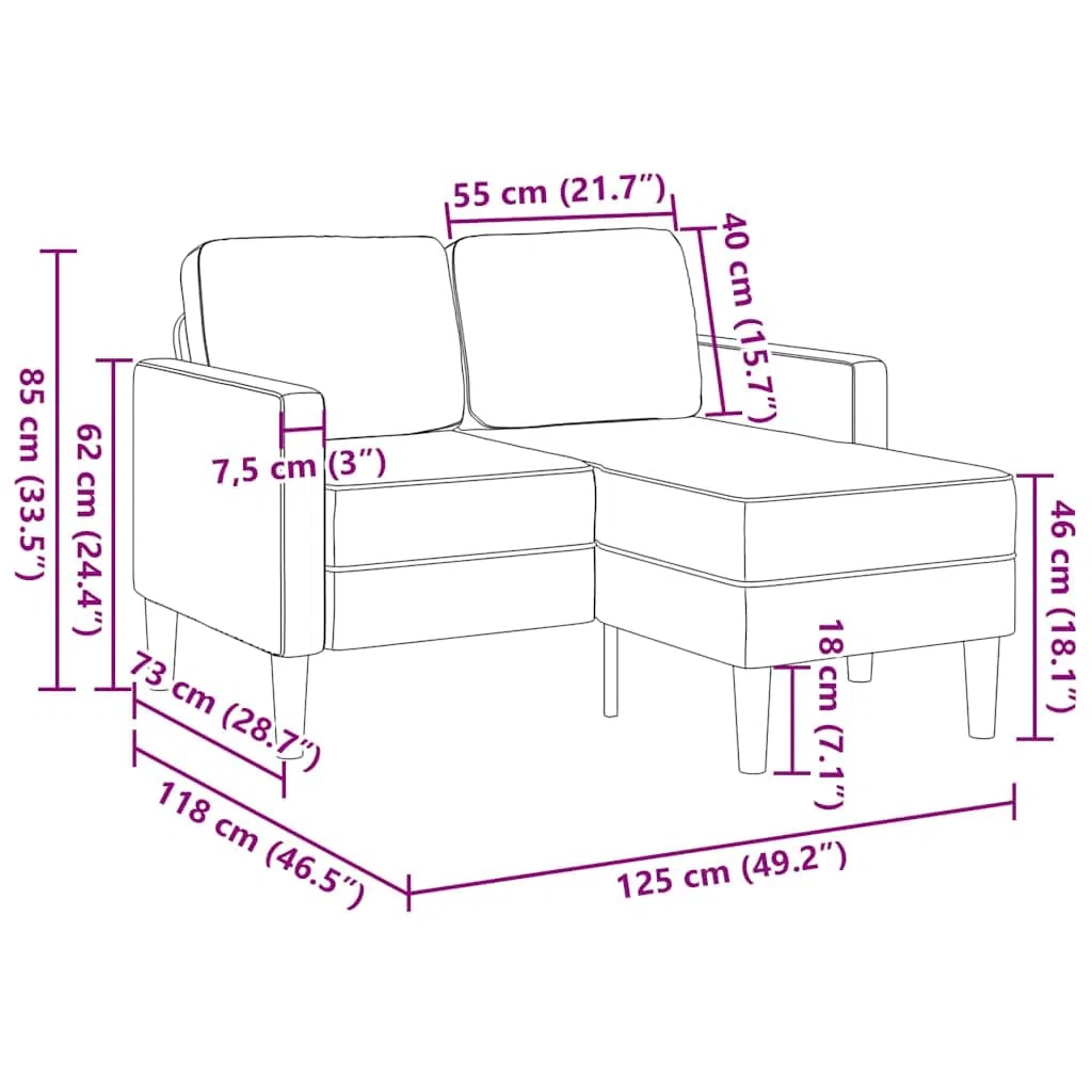 vidaXL Sofá de 2 plazas con Chaise Longue en Forma de L, Color Gris Oscuro, 125 cm, Tela,