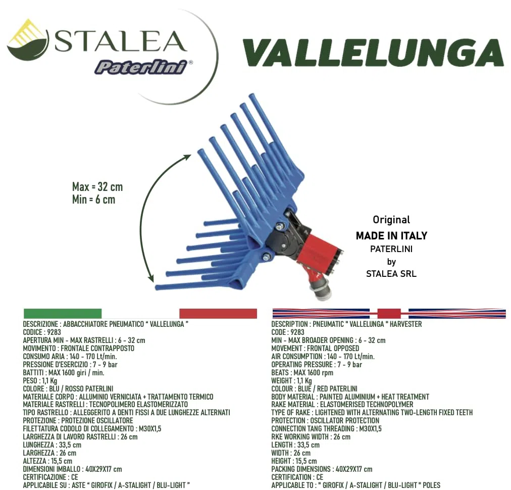 PATERLINI Vareador neumático profesional para recoger aceitunas – Vareador recogedor de aceitunas de aire comprimido, ligero y potente – Ideal para recoger aceitunas rápidamente (VALLELUNGA)