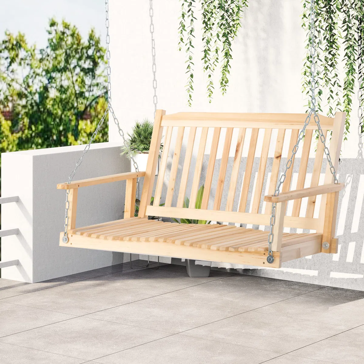 Outsunny Banco Columpio de Madera de 2 Plazas Banco Balancín Colgante con Reposabrazos Cadenas Ajustables y Diseño Listones Carga 200 kg para Jardín Terraza Balcón 117x69x60 cm Natural