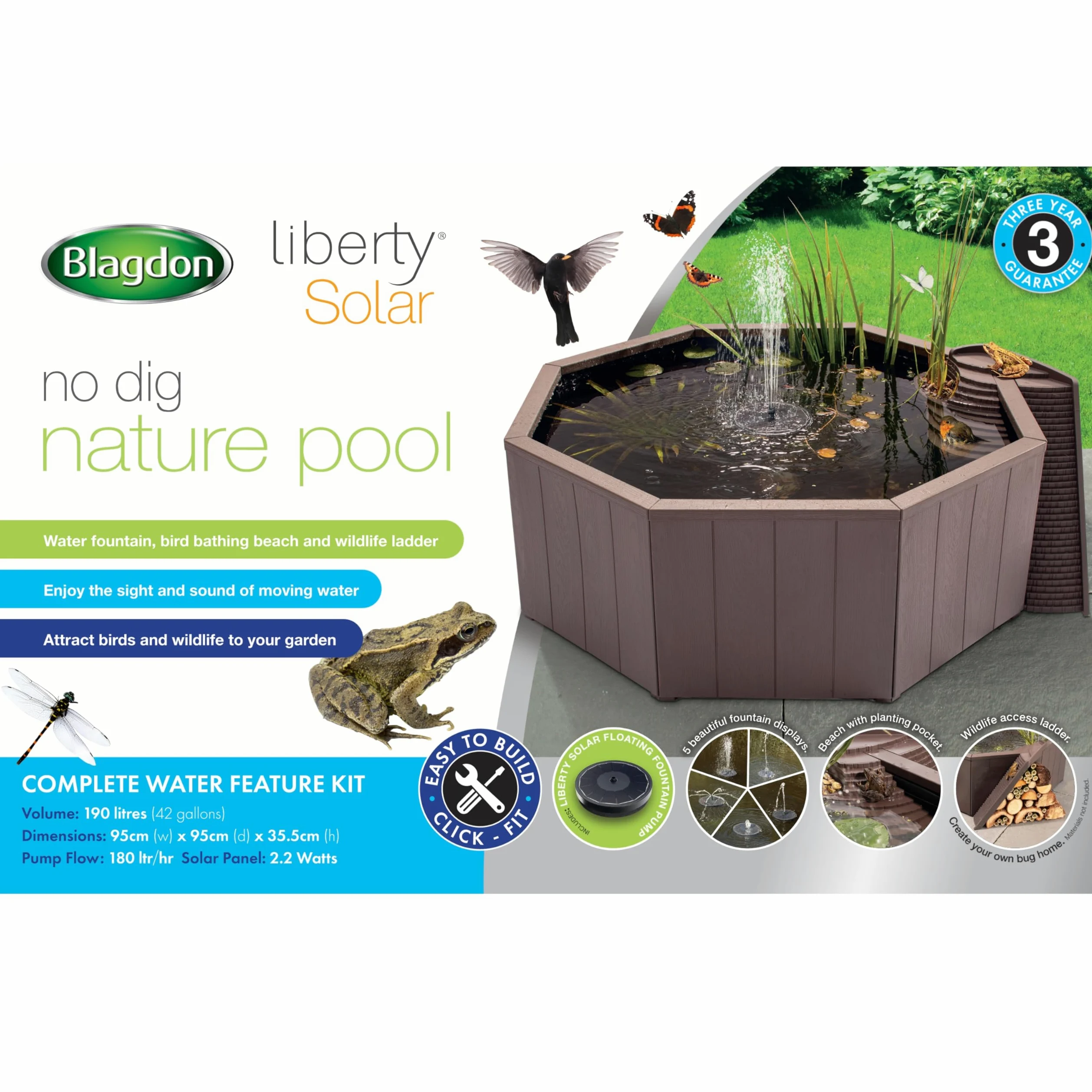Blagdon Liberty - Piscina Natural sin excavación, Estanque Elevado para jardín o Patio, construcción fácil de Instalar, con Bomba Solar Flotante, Plataforma de Aterrizaje de pájaros, Escalera de