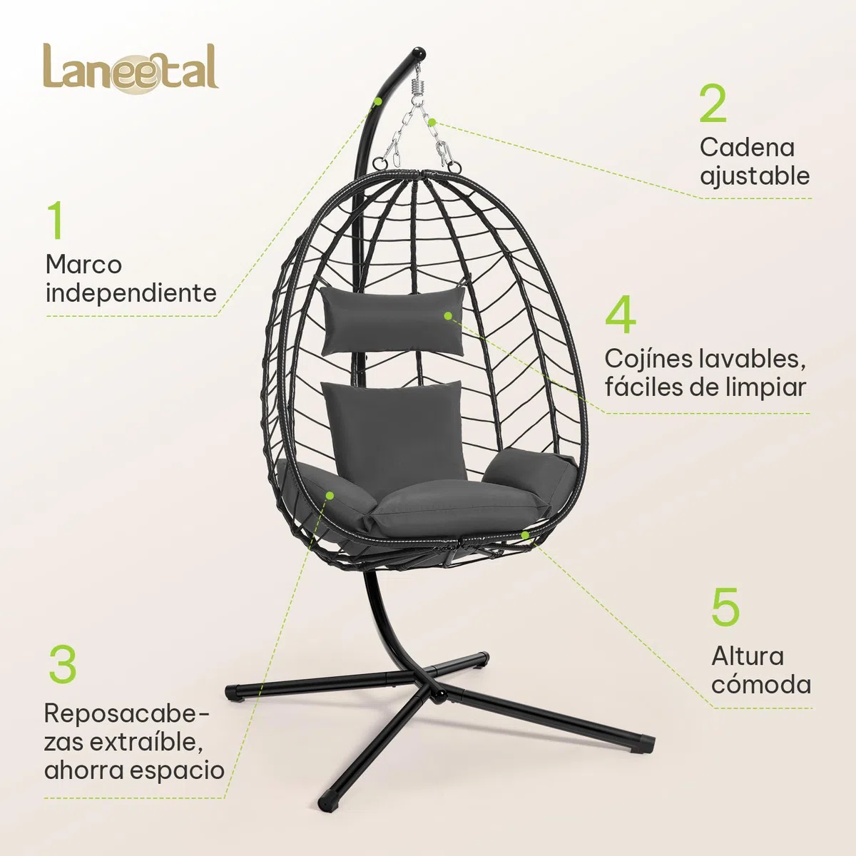 Laneetal Silla Colgante, Silla Huevo con Soporte, Columpio con Cojín y Reposacabezas, Carga 150 kg, PE Aspecto Ratán, Estructura de Metal, para Jardín Patio Terraza 102x100x196 cm, Gris Oscuro
