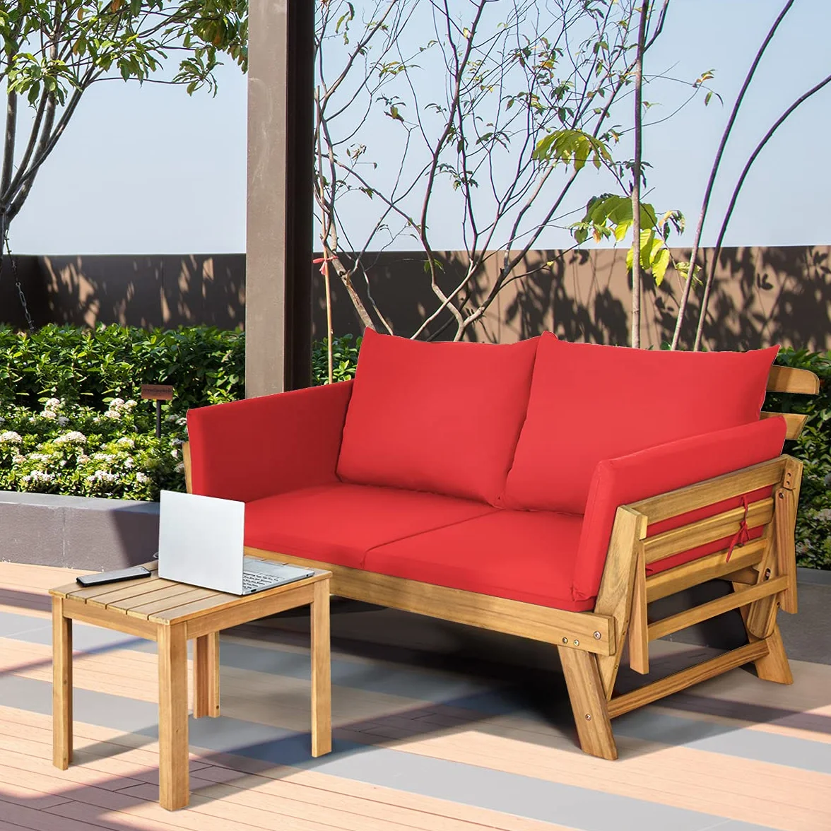 GIANTEX Sofá Cama Plegable de 2 Plazas con Cojines, Sofá Doble Convertible en Cama, Marco de Madera de Acacia, Banco para 2 Personas, para Balcón, Patio, Jardín (Rojo)