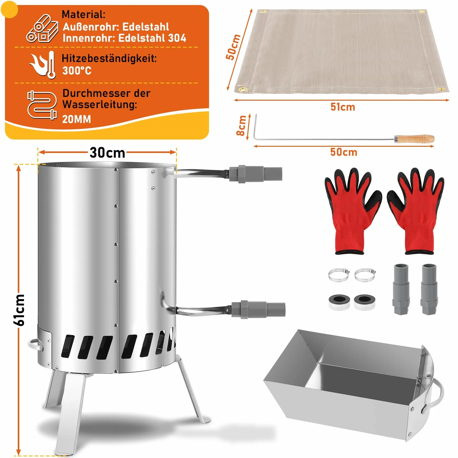 Fiqops Leña, calentador de piscina, calentador de piscina con fuego, calentador de piscina, cañón de fuego, acero inoxidable, piscina climatizada, cubo de fuego 36/38 mm de conexiones, 100% acero