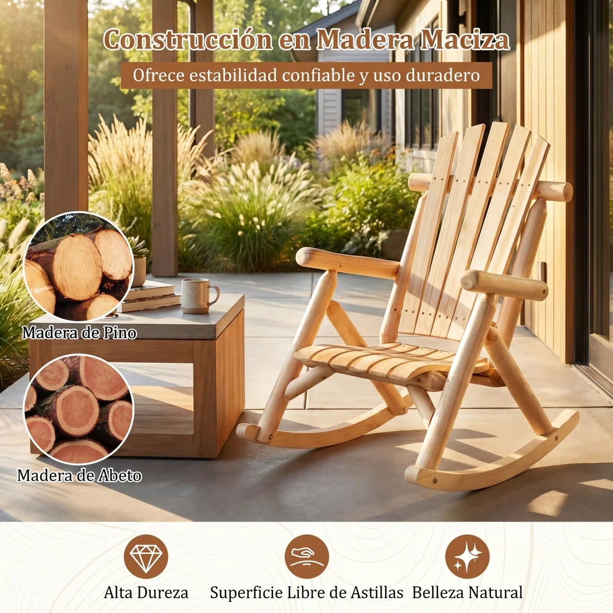 COSTWAY Silla Mecedora Adirondack, Mecedora de Madera Maciza con Asiento Curvado y Respaldo Alto, Mueble Balancín de Exterior Jardín Porche Terraza, Carga 150 kg, 99 x 68 x 99 cm