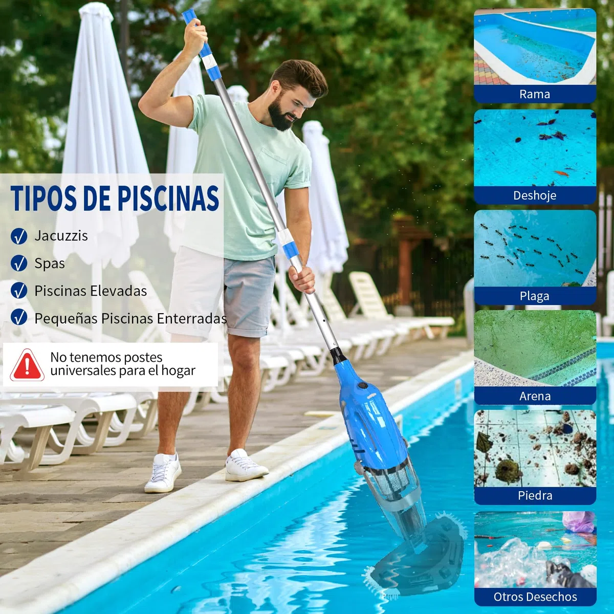 2026 Nueva Aspiradora de Piscina con Batería, Limpiafondos Manual para Piscina, Autonomía 80 Minutos, Aspiradora Eléctrica para Piscina, SPA, Azul
