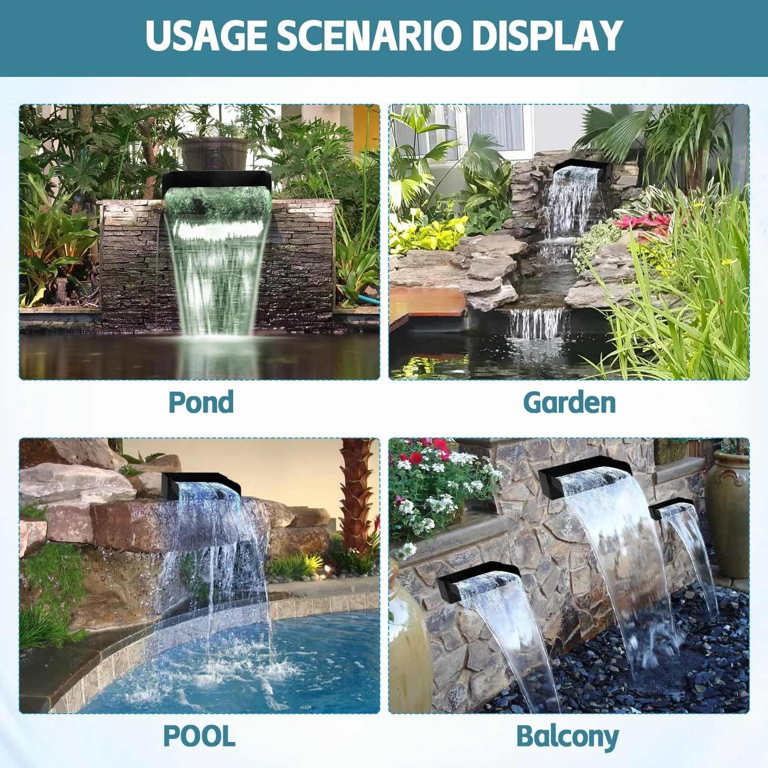 Derramadero de cascada para estanques de jardín, kit de fuente de estanque de acero inoxidable de 30 cm con bomba de 45 W 3000 L/H para estanque, piscina, jardín, decoración de patio