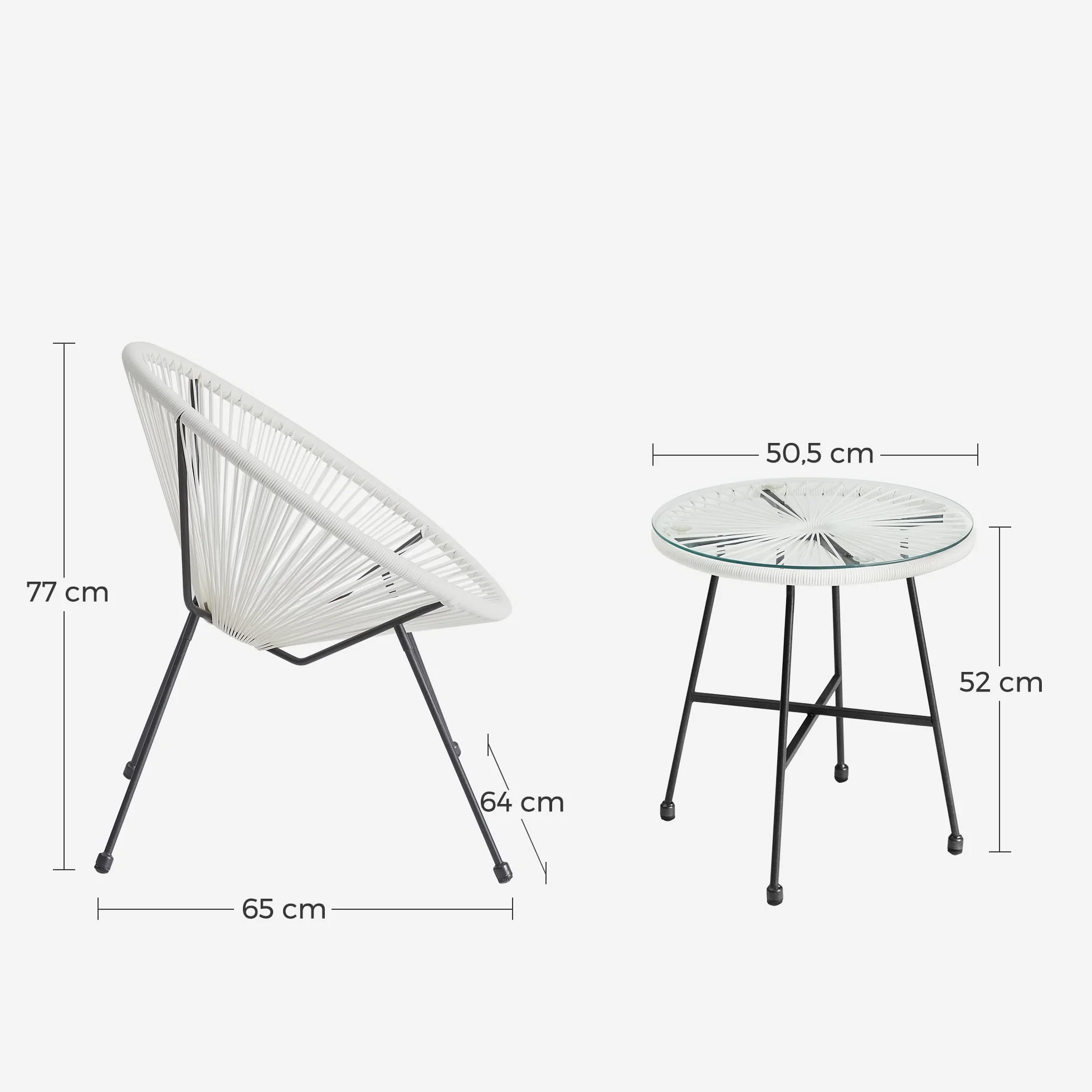 SONGMICS Conjunto de Muebles de Jardín, 3 Piezas, Silla Acapulco, Asientos de Exterior, Mesa con Tapa de Cristal y 2 Sillas, Conjunto Mueble de Interior y Exterior, Blanco GGF013W02