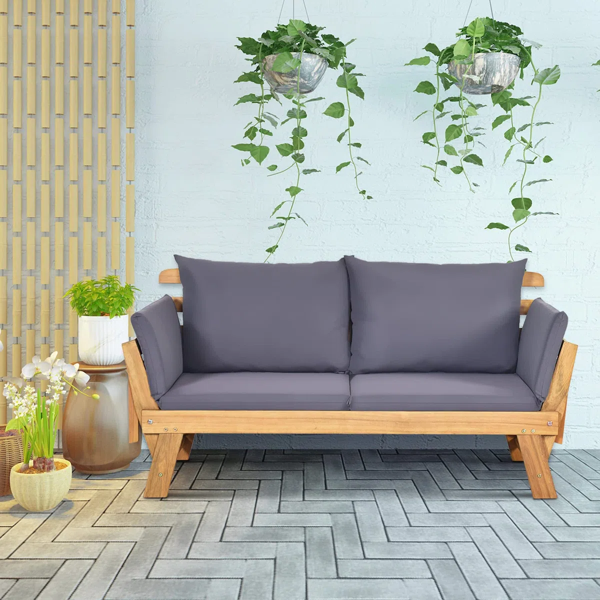 COSTWAY 3 en 1 Sofa Cama de Jardín, Banco de Jardín de 2 Plazas Convertible con 2 Almohadas y Cojin Extraible y Lavable, Reposabrazos Ajustables, Sofa Jardin de Madera Acacia para Patio, Máx 320 kg