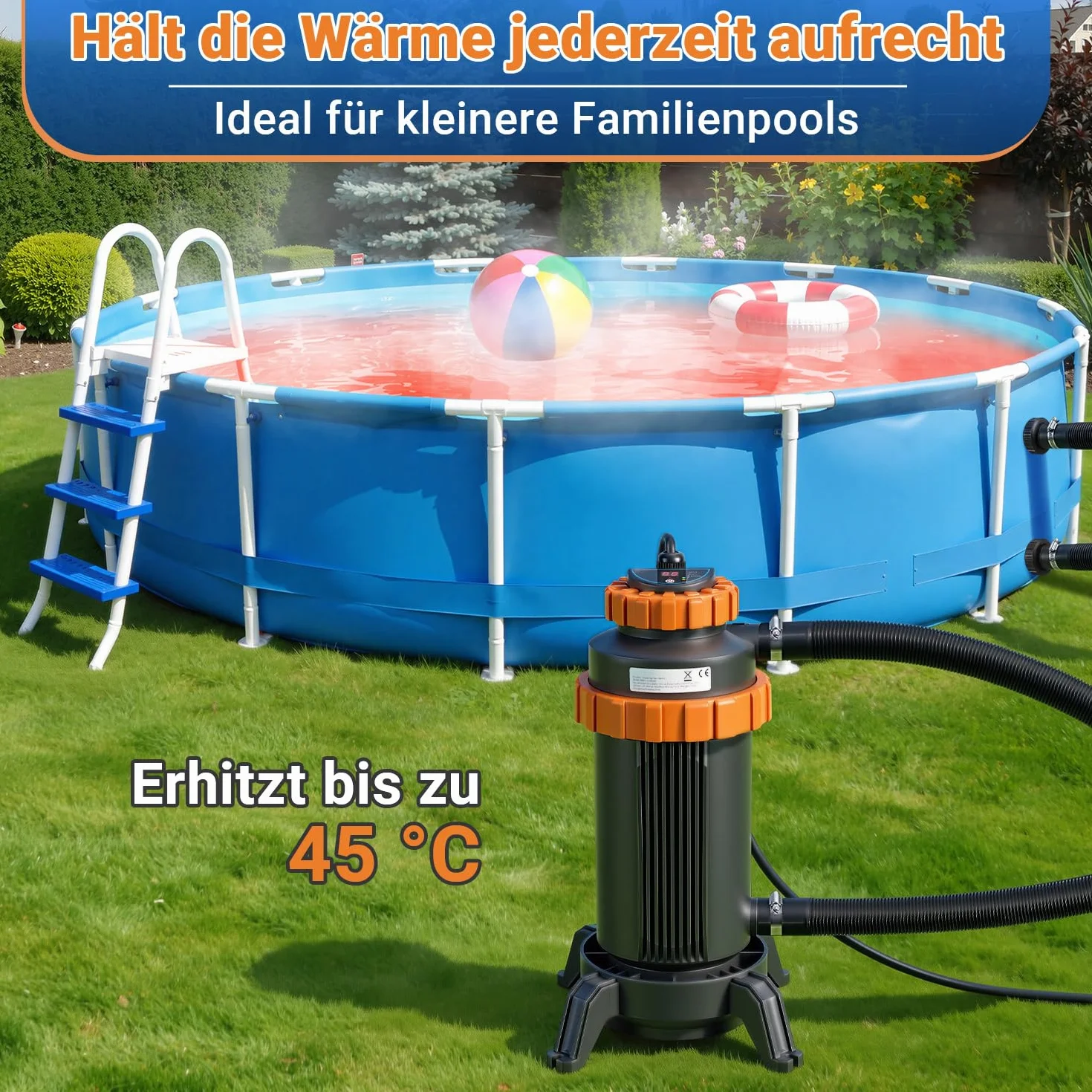 Calentador eléctrico para piscinas, diámetro de 29 x 42 cm, calefacción de piscina, calefacción de piscina, eléctrica para la mayoría de las piscinas pequeñas, protección contra fugas