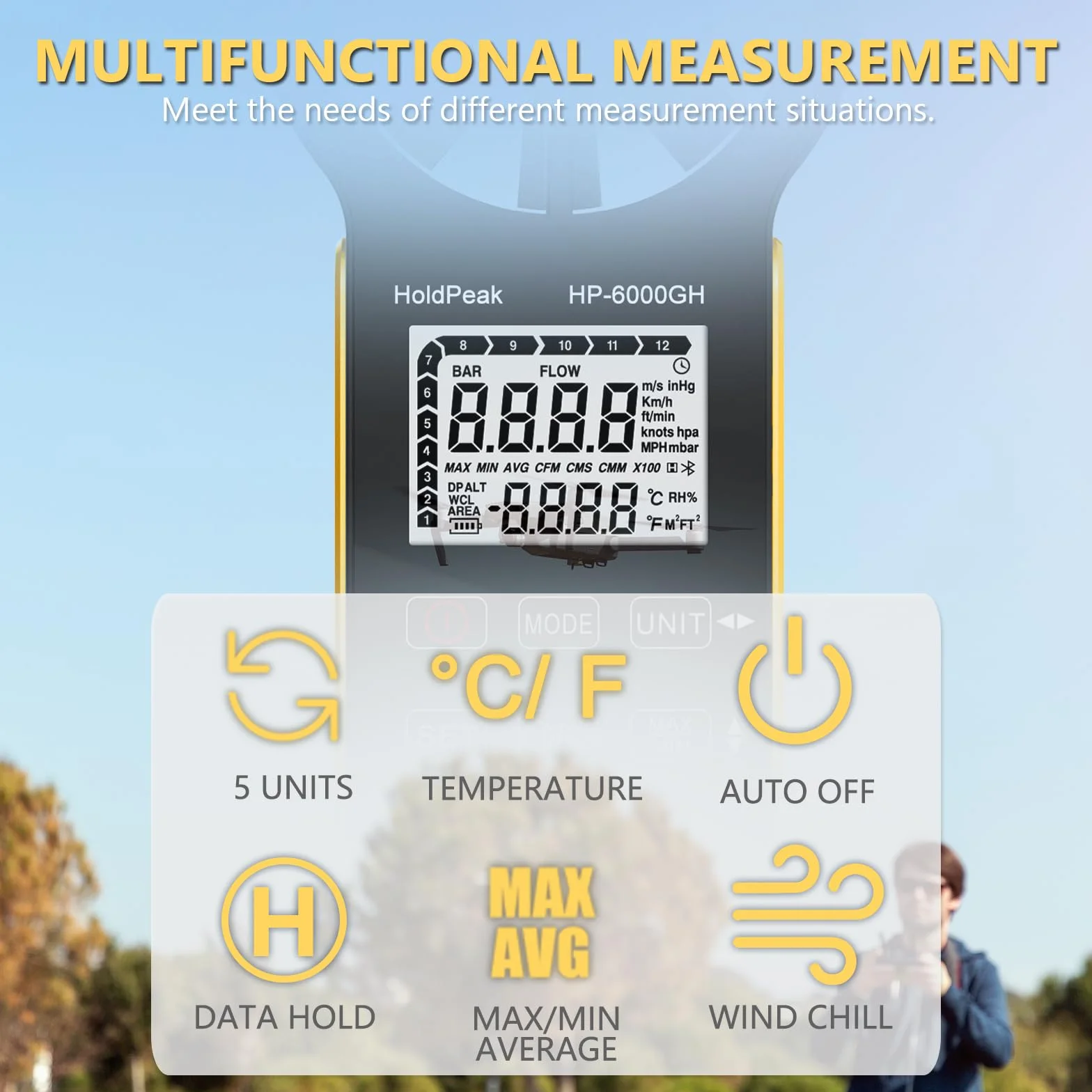 HOLDPEAK Anemómetro Digital VMC Medición de la Velocidad del Viento Temperatura USB C Pantalla LCD Retroiluminada Anemómetro Portátil Exterior Kitesurf