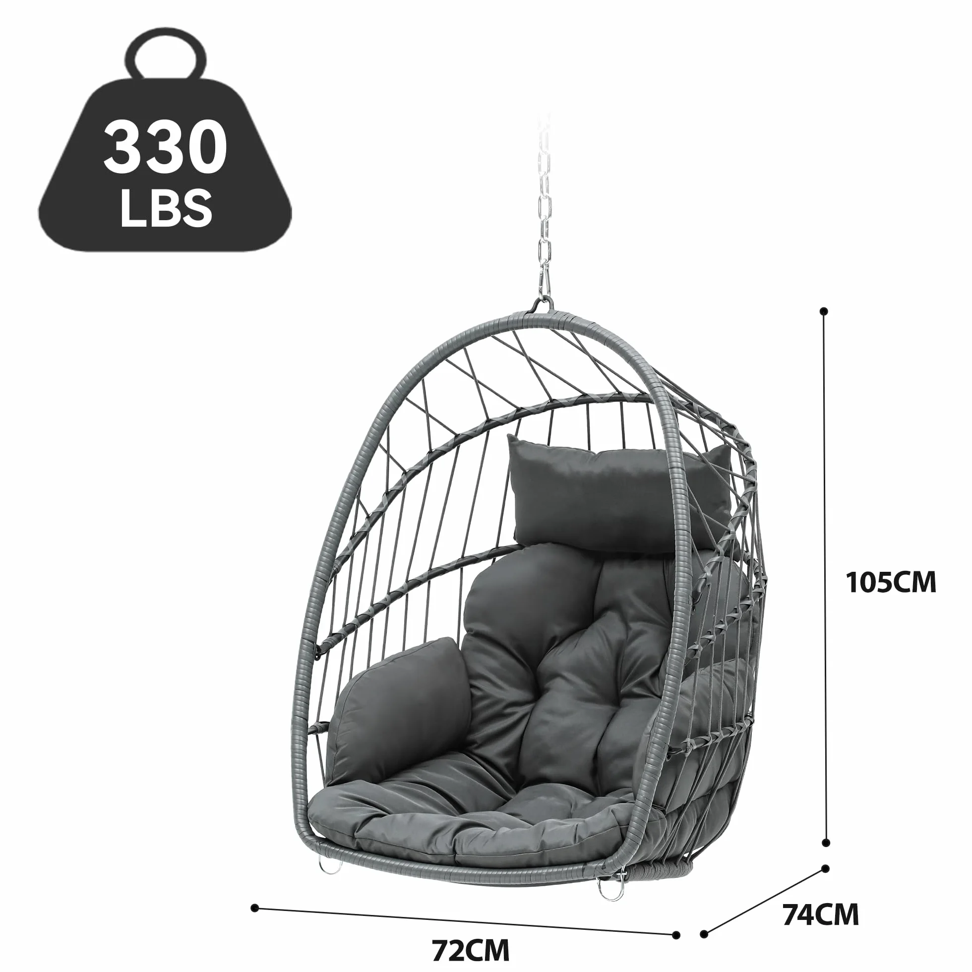 YITAHOME Silla Columpio Carga Máx. 150kg Silla Colgante de Forma Huevo con 2 Cojines, Estructura de Mimbre Resistente, 74x72x105cm Silla Colgante con Cadena y Gancho para Patio, Jardín, Interior, Gris