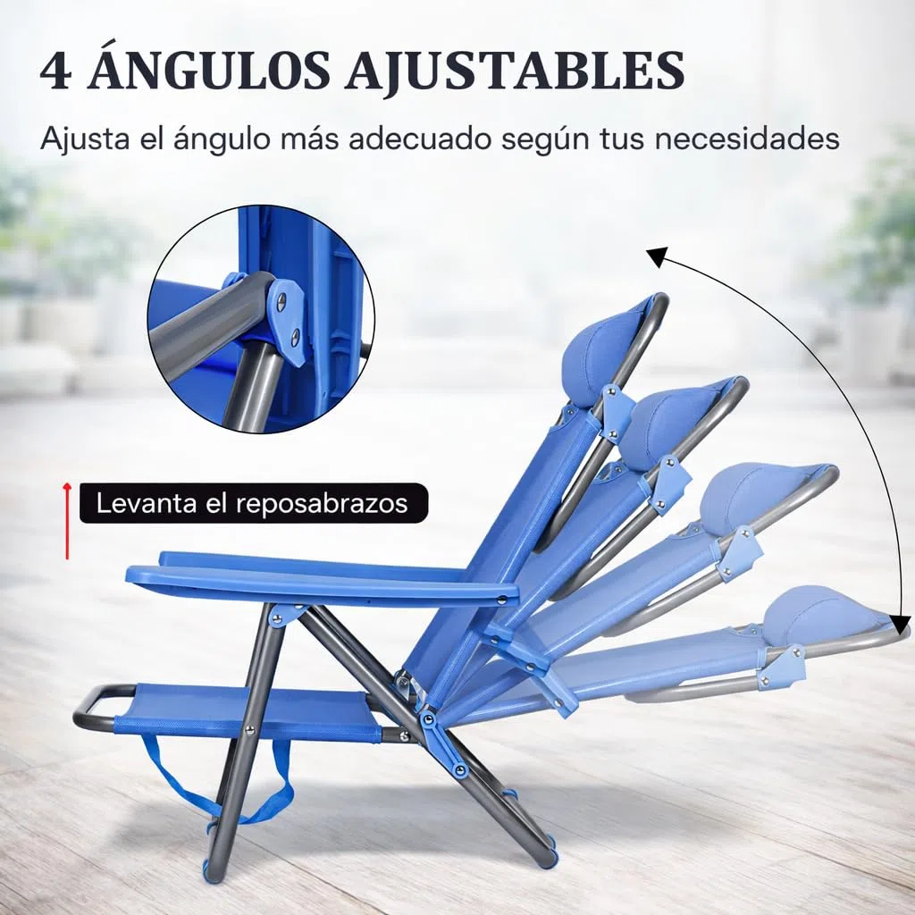 T-LOVENDO.ES Pack de 2 Sillas de Playa Reclinables Plegables con Reposacabezas | Sillas Portátiles para Jardín, Camping, Piscina, Terraza | Estructura de Acero Ligera y Tela Transpirable Resistente