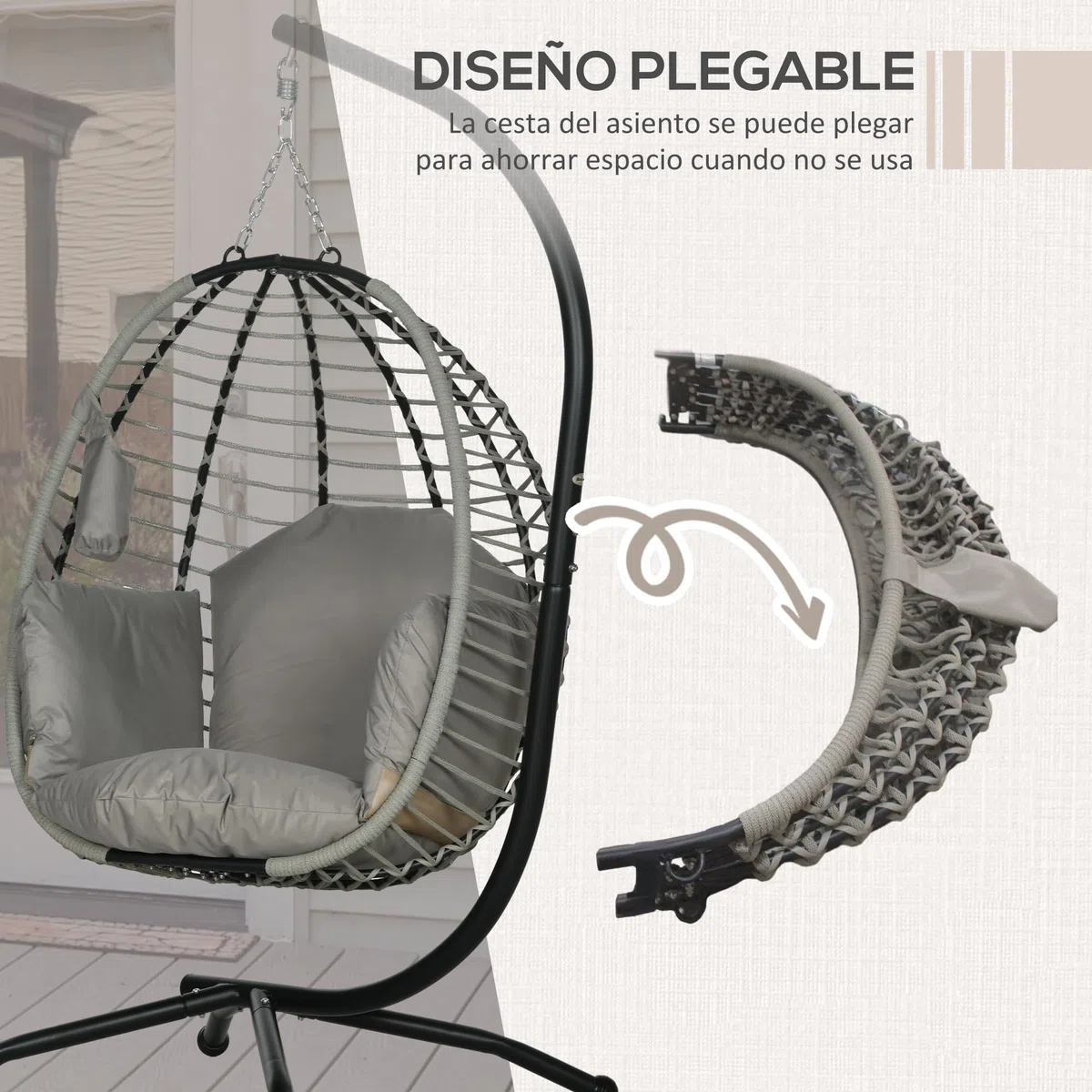 Outsunny Silla Colgante Huevo con Soporte Columpio de Jardín Exterior con Cesta Plegable Reposacabezas Cojín Bolsillo Lateral Columpio Colgante para Interior y Exterior Carga 120 kg Gris