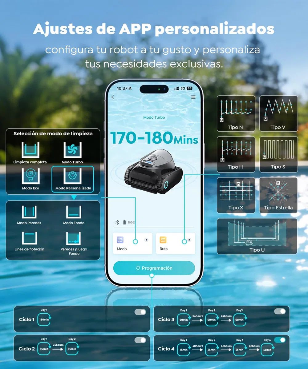 C1 Robot Piscina Limpiafondos y Paredes, Doble Filtro, Aspirador Piscina Bateria, 7 Modos de Limpieza, 180 min de Autonomía, Limpiador con App, Limpiafondos Piscina de hasta 150 m², Gris Mica