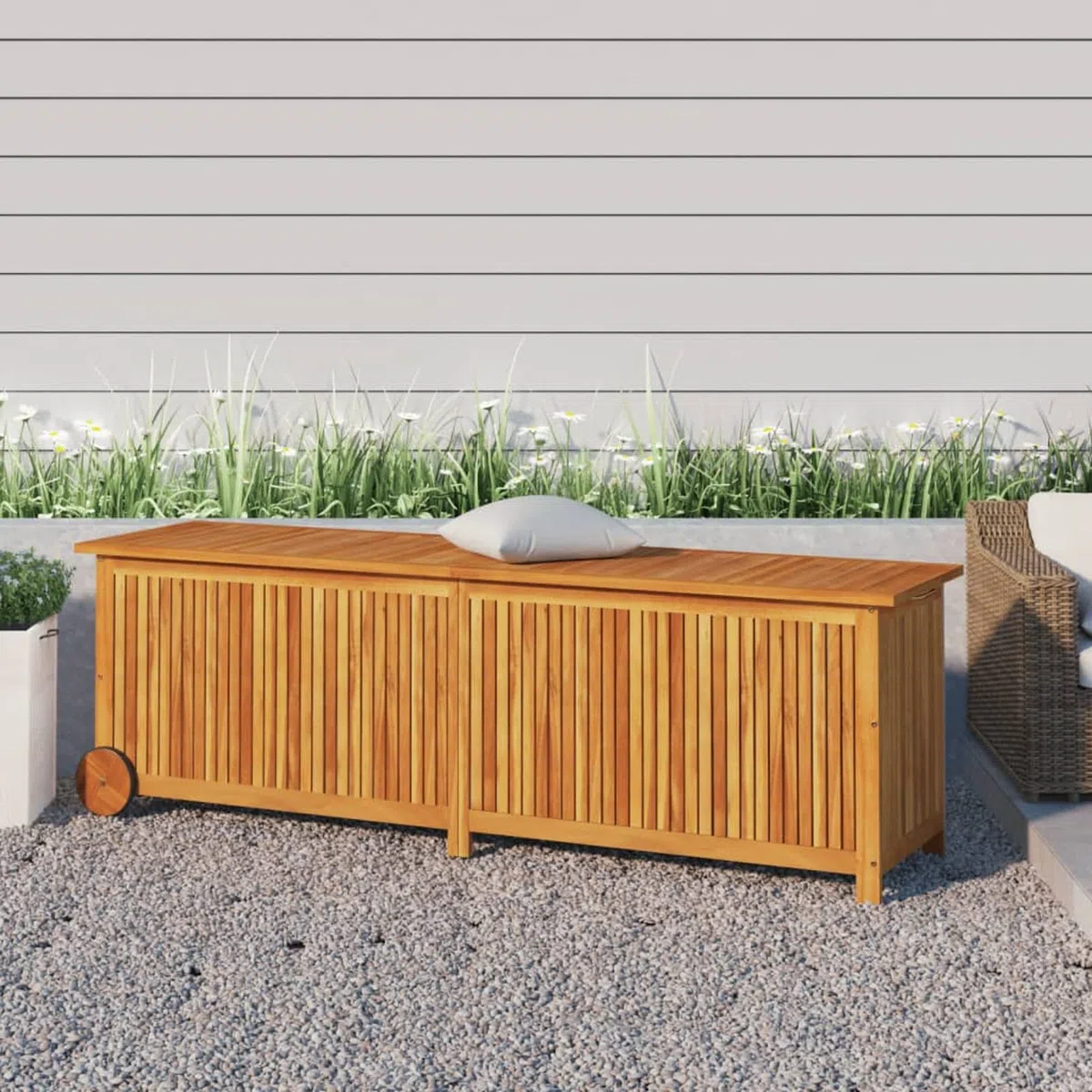IKAYAA Baúl de Jardín de Madera de Acacia, Arcón Exterior, Caja de Almacenamiento con Bolsa Interior Resistente al Agua, Organizador Herramientas, 150 x 50 x 58 cm