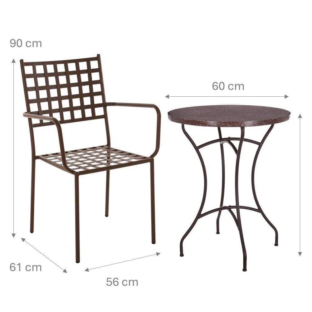 LOLAhome Mesa mármol y 2 sillas de jardín Cartago Marrón Oxido | Estilo Hierro Forjado | Mesa Ø60x72 cm | Sillas 56x61x90 cm Contract, Resistentes, Apilable y con Brazos | para Exterior | Cartago
