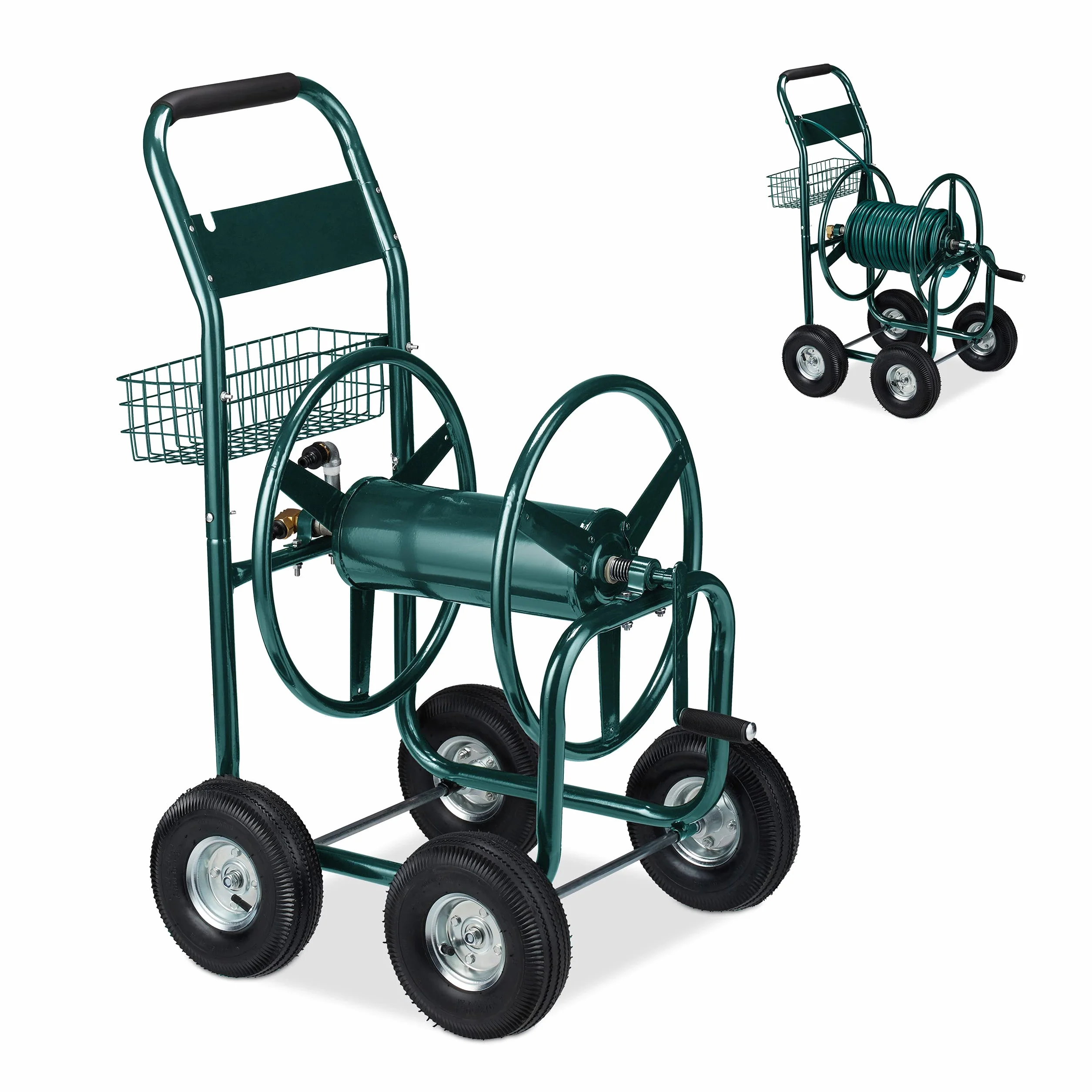 Relaxdays Carro Portamangueras, hasta 90 m, Acoplamiento por Clic, 4 Neumáticos, Cesta, Soporte Mangueras Metal, Verde