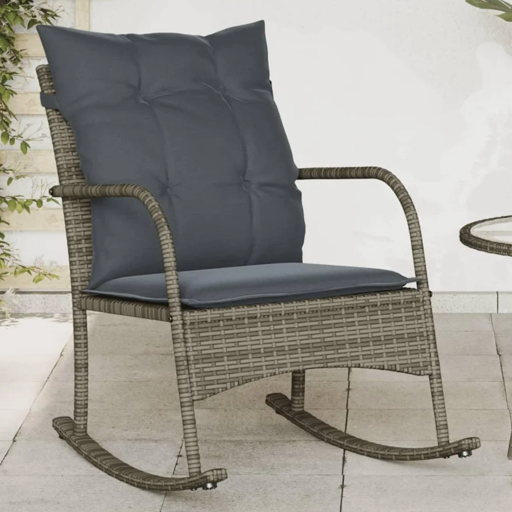 vidaXL Silla Mecedora de jardín con Cojines ratán sintético Gris, Silla de jardín, Asientos de jardín, Silla de Patio, Asiento de jardín